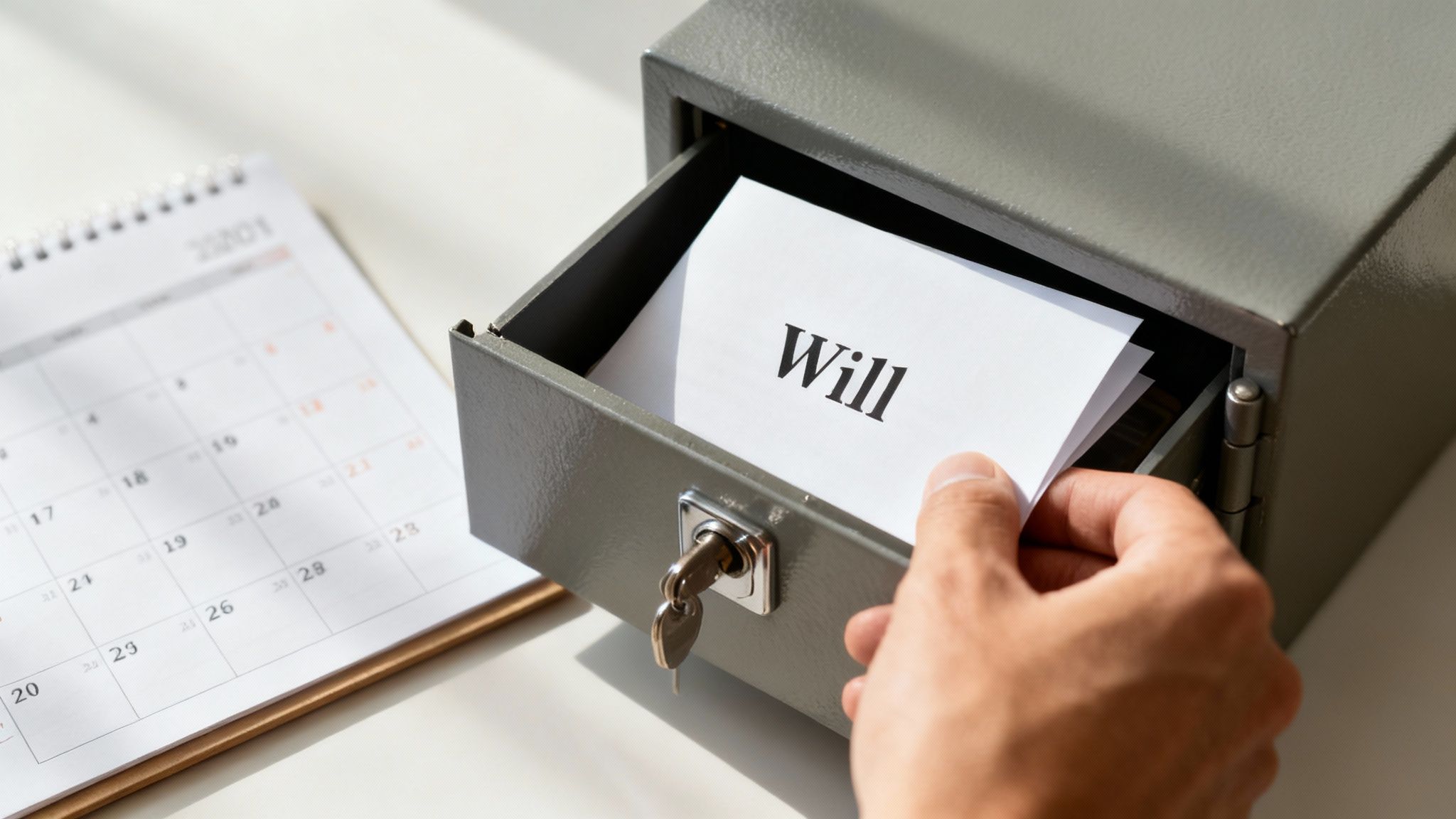 A person's hand pulls a paper labeled 'Will' from a small safe next to a calendar.