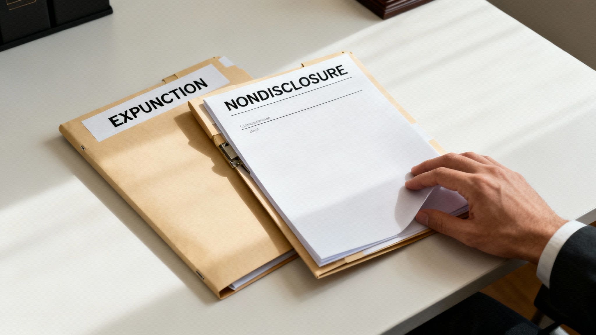 A person's hand reviews a nondisclosure agreement next to an expunction legal file on a desk.