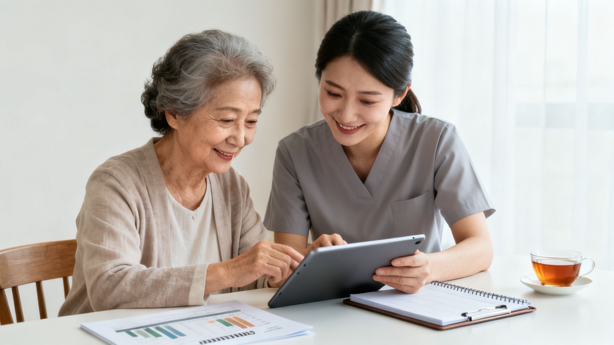 A smiling elderly woman and a younger caregiver happily review data on a tablet, showing intergenerational care.