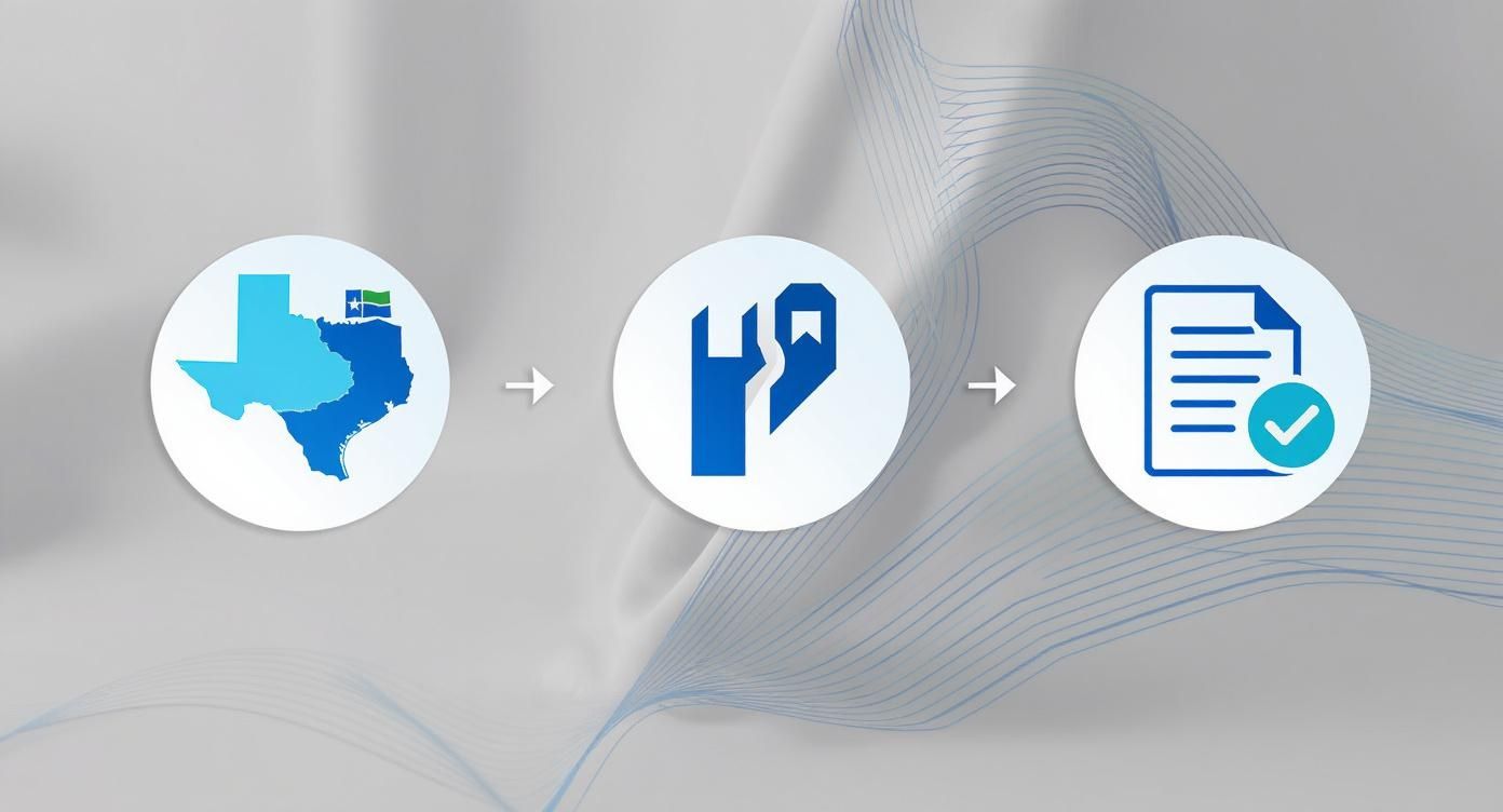 Texas map icon, legal tools symbol, and completed document graphic, illustrating the divorce filing process in Texas.