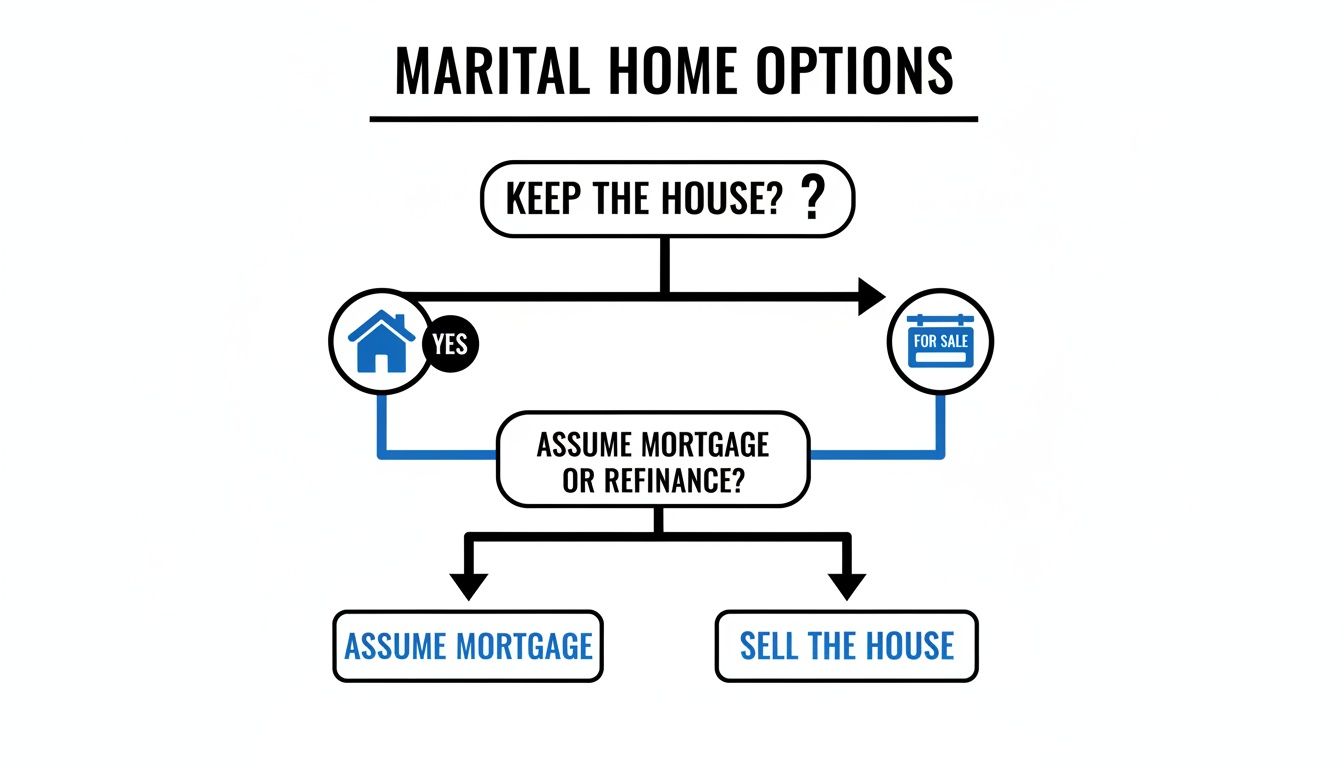 Flowchart illustrating marital home options after divorce, including keeping the house, assuming mortgage, refinancing, or selling.