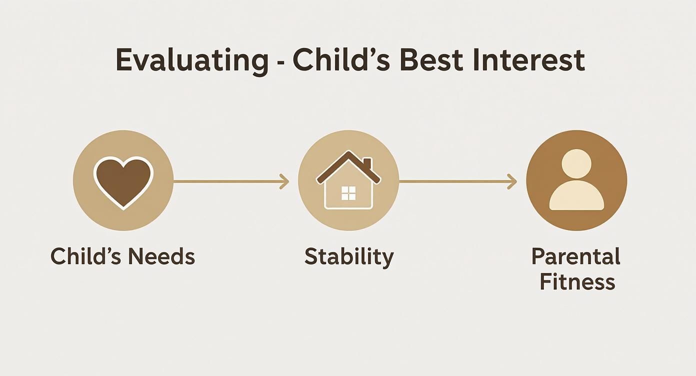 An infographic timeline showing the steps in evaluating a child's best interest: starting with the child's needs, then stability of the home, and finally parental fitness.