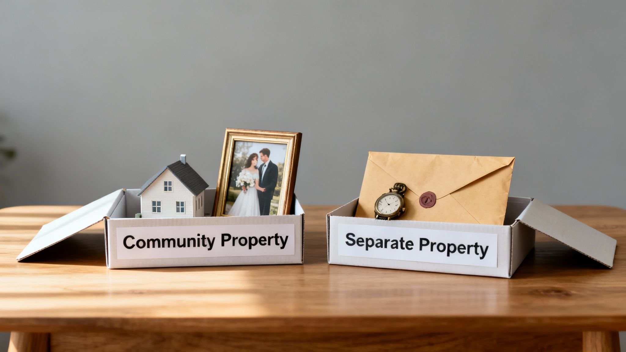 Two boxes labeled 'Community Property' and 'Separate Property' containing items, illustrating divorce property division.