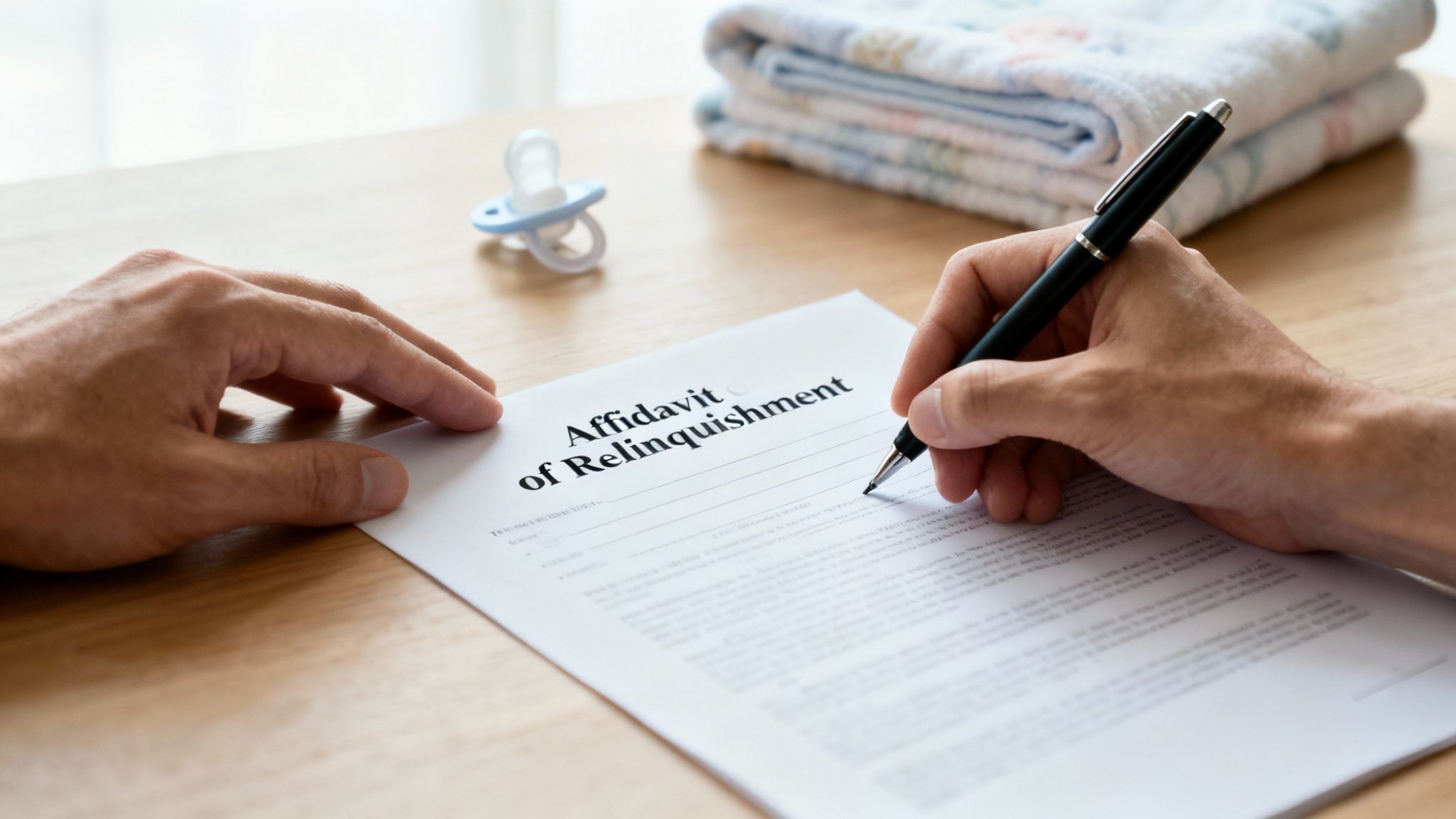 A person signs an 'Affidavit of Relinquishment' document on a table, with baby items in the background.