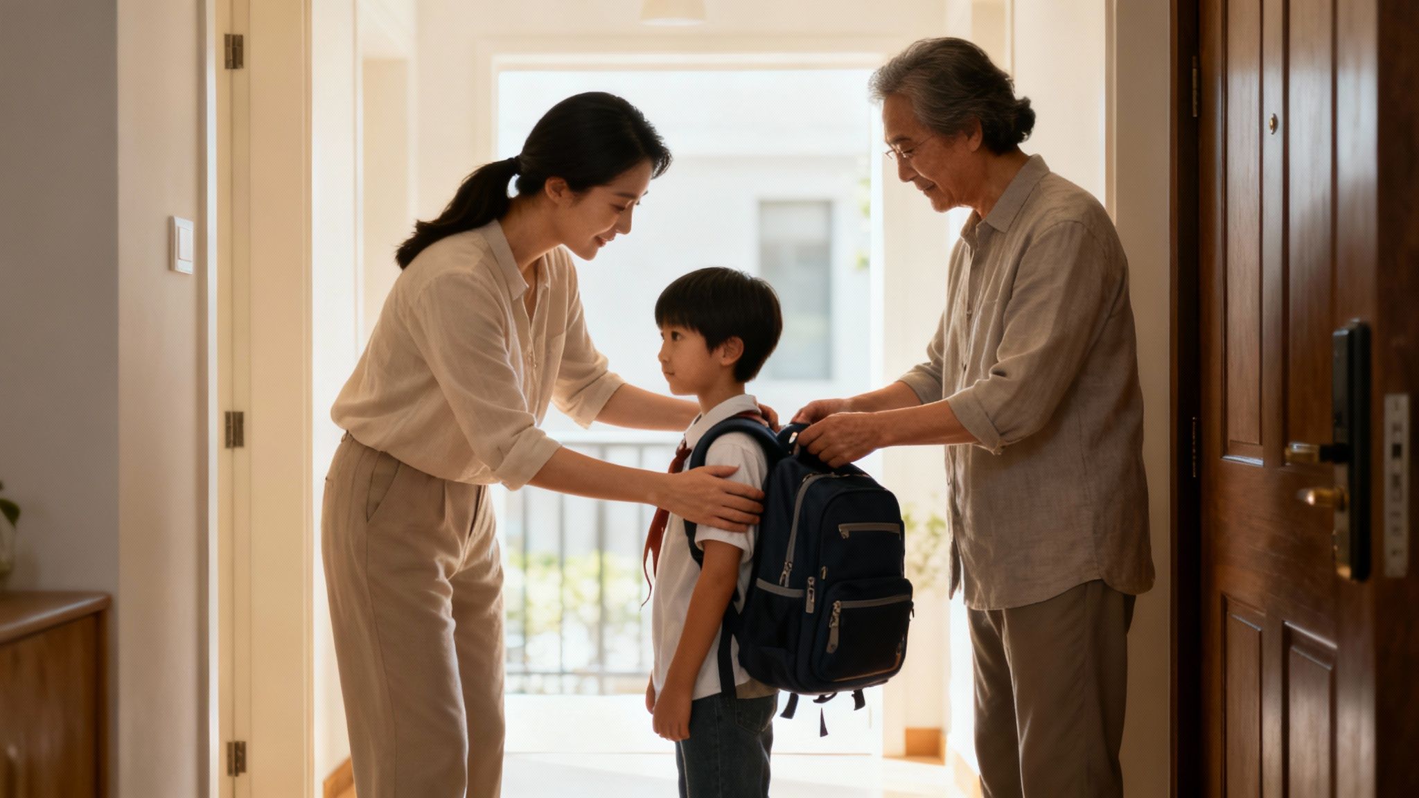 A mother and grandfather help a young Asian boy put on his school backpack at home.