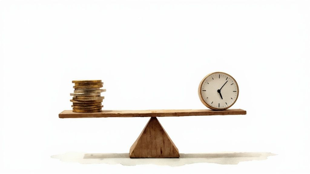 Coins and clock on a balance scale symbolizing the importance of managing time and financial costs in divorce proceedings.
