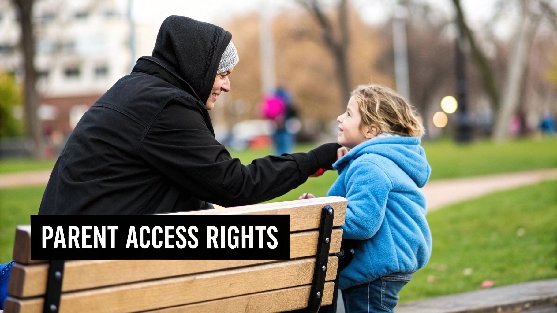 An adult and a young child smiling and interacting in a park, with 'PARENT ACCESS RIGHTS' text.