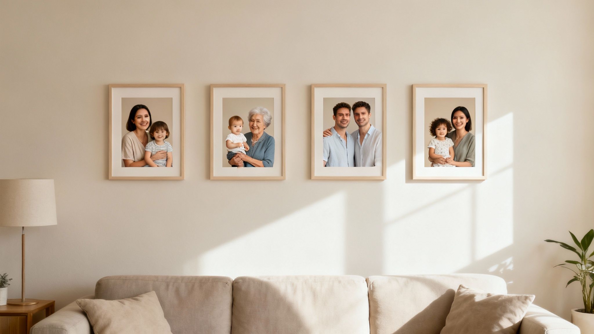 Four framed family portraits, including different generations, hanging above a comfortable sofa in a sunlit room.