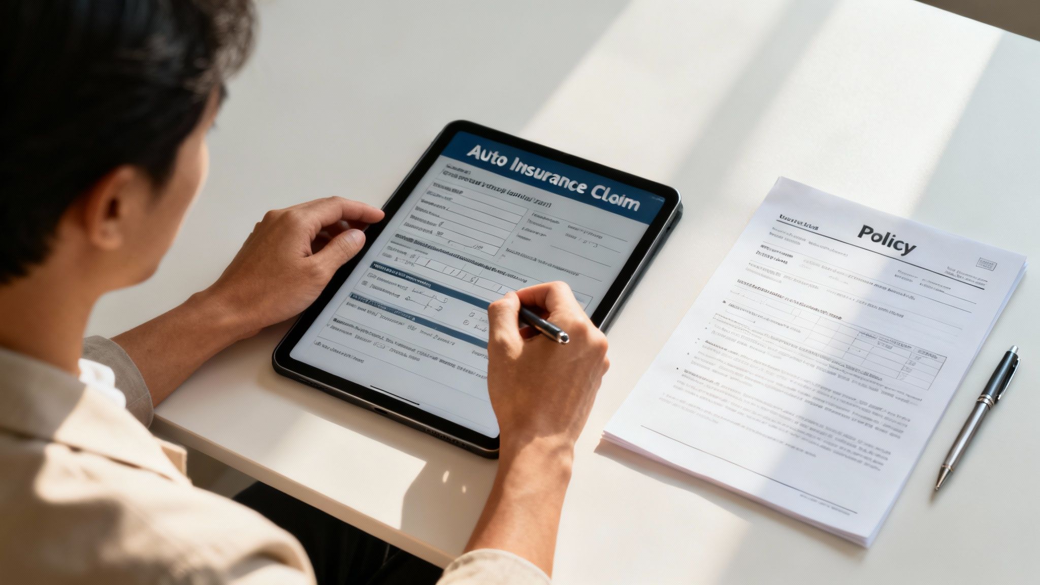 A person on the phone, looking concerned while reviewing insurance documents after a car accident.