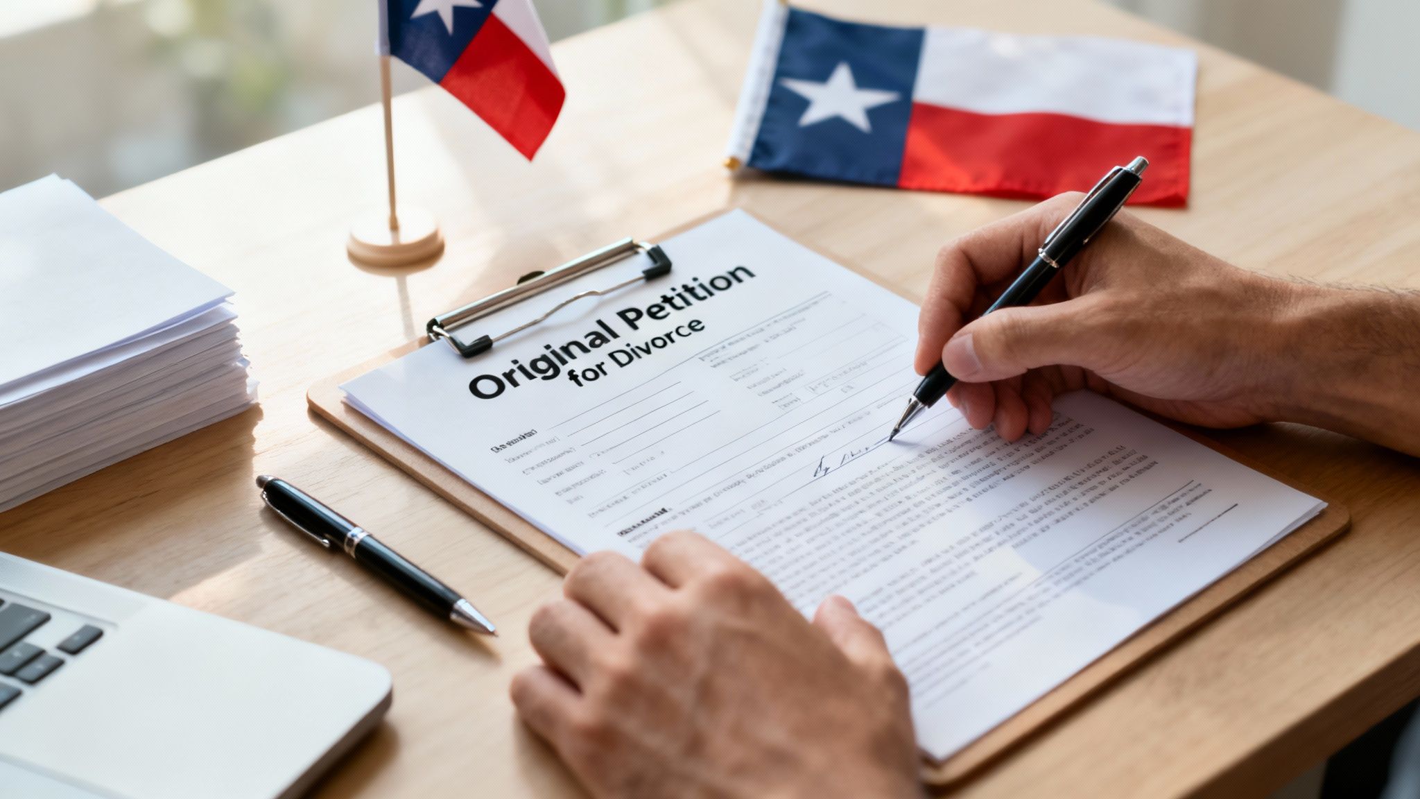 A person signing divorce papers on a wooden desk.