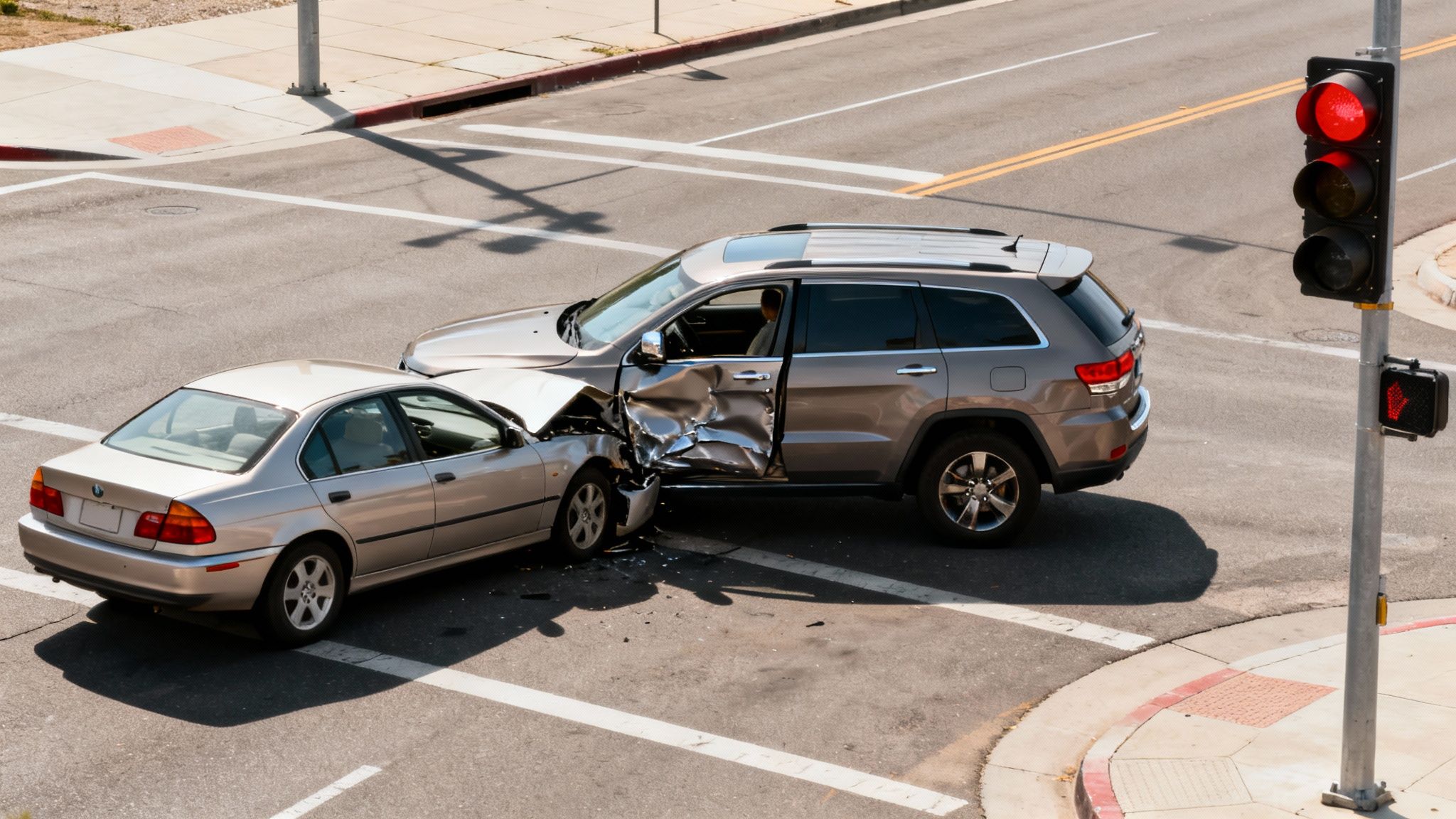 High angle view of a serious T-bone car accident between a sedan and SUV at an intersection.