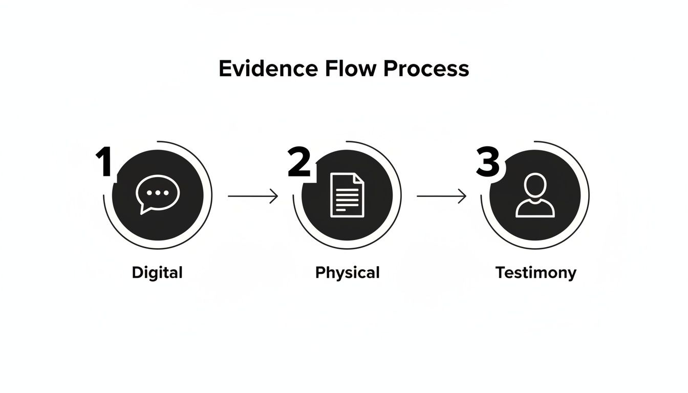 Diagram illustrating the Evidence Flow Process: Digital, Physical, and Witness Testimony.