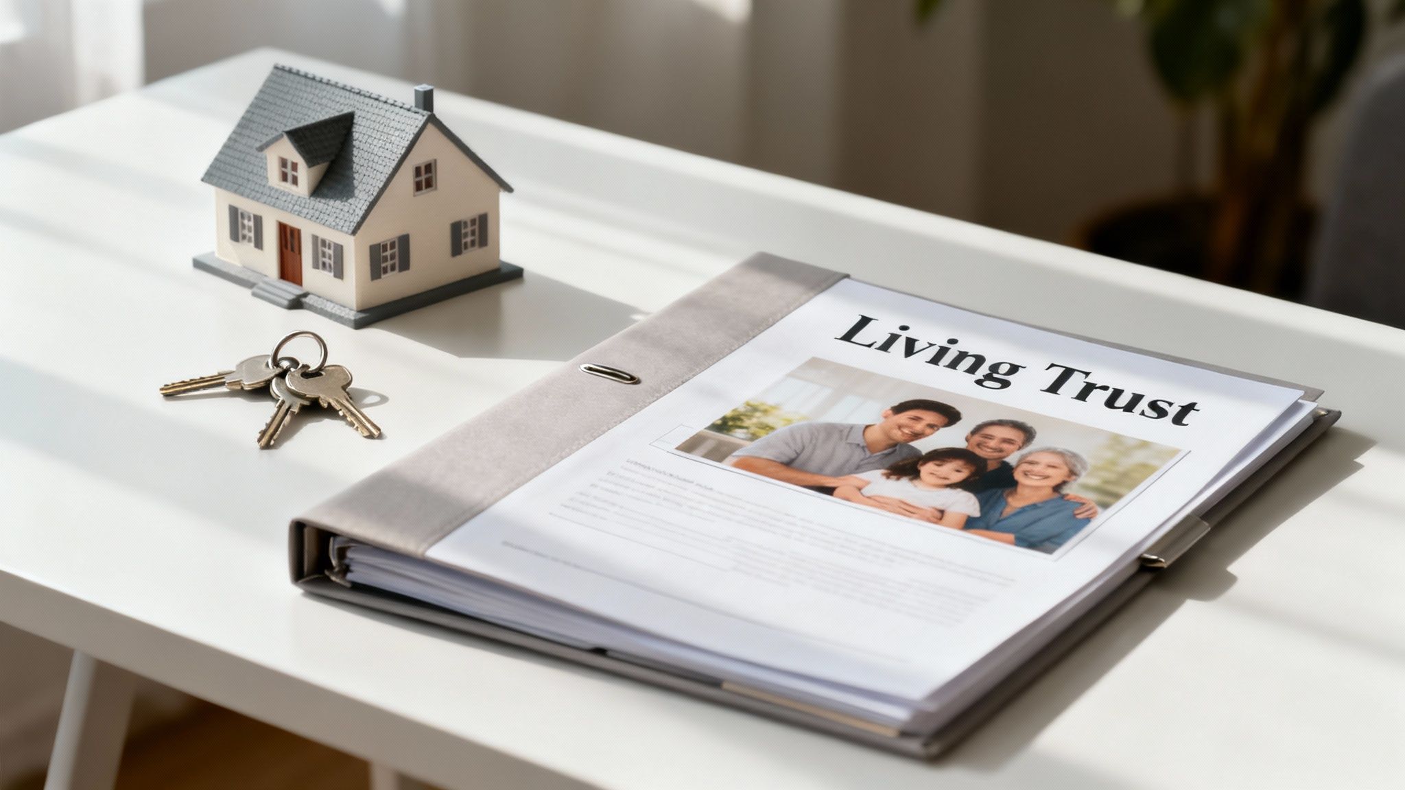 Living Trust document on a table with a model house and keys, symbolizing estate planning and asset management for families.