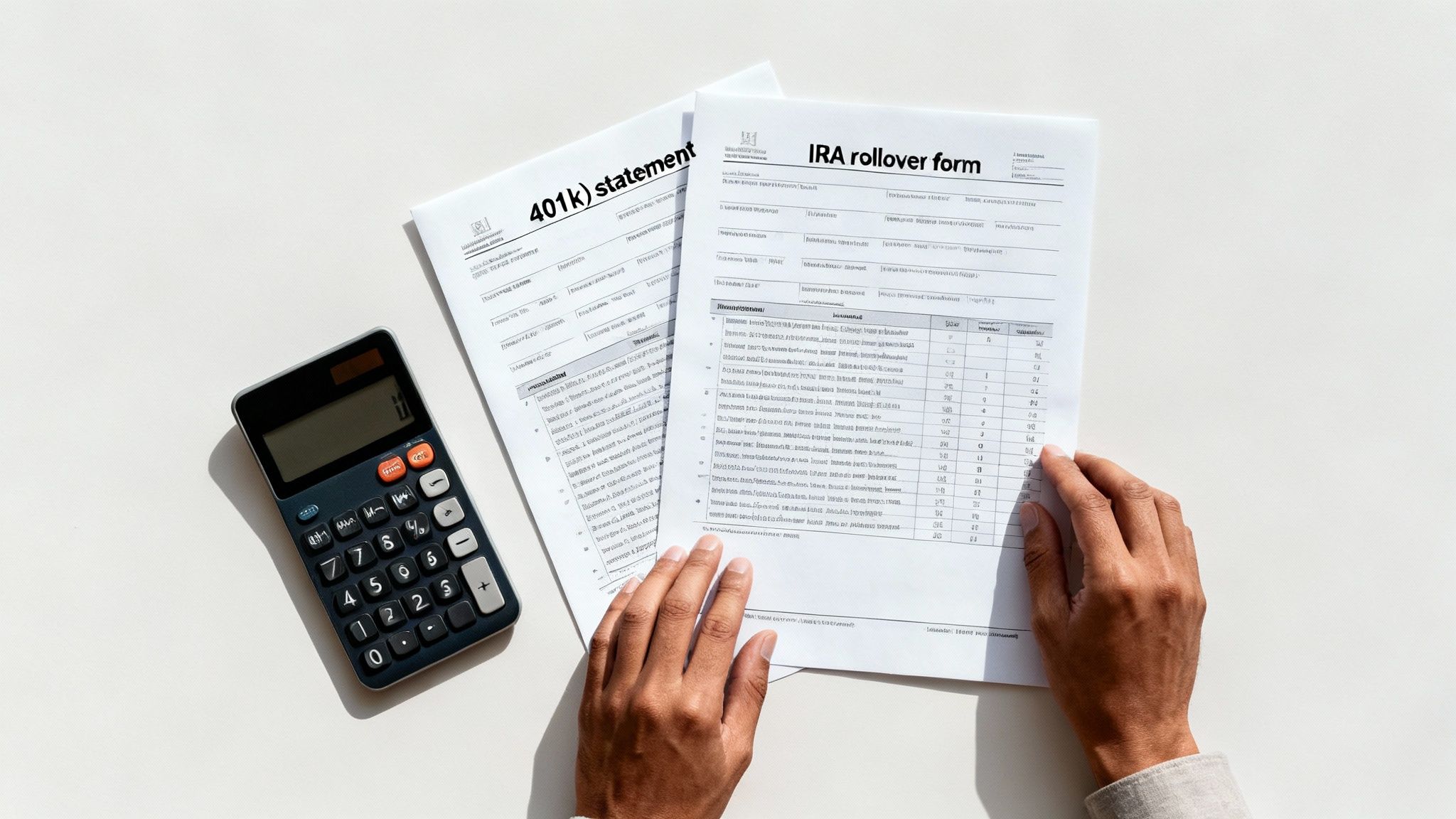 Hands reviewing 401k statement and IRA rollover form with a calculator on a white desk.