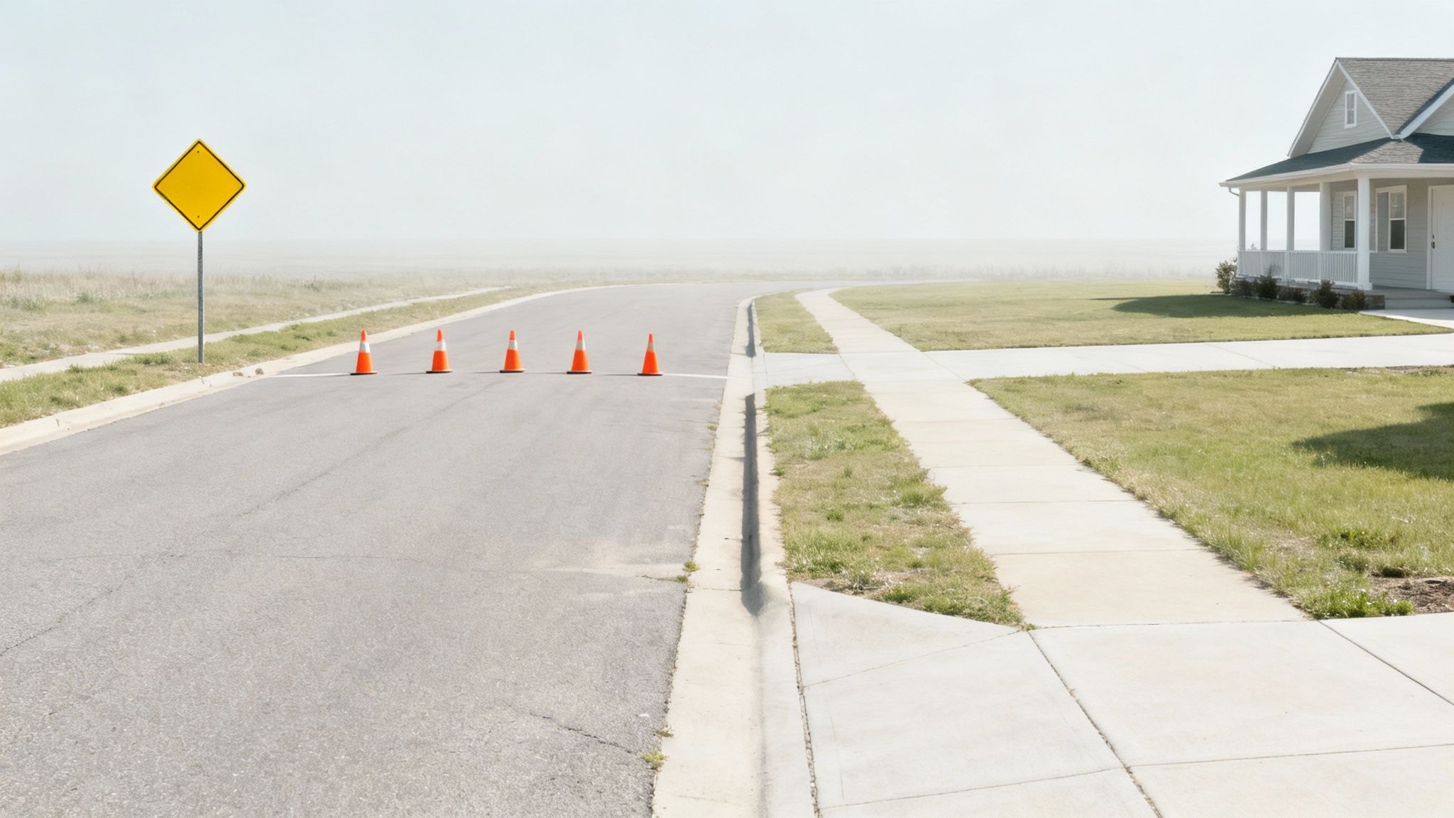 Road with traffic cones blocking access, yellow warning sign, residential area visible, illustrating potential roadblocks in the probate process.