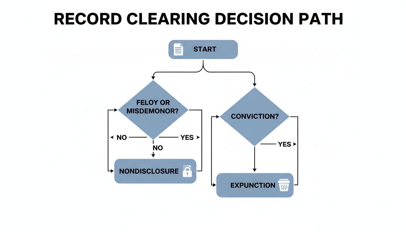 Flowchart illustrating the record clearing decision path, distinguishing between nondisclosure and expunction based on legal criteria.