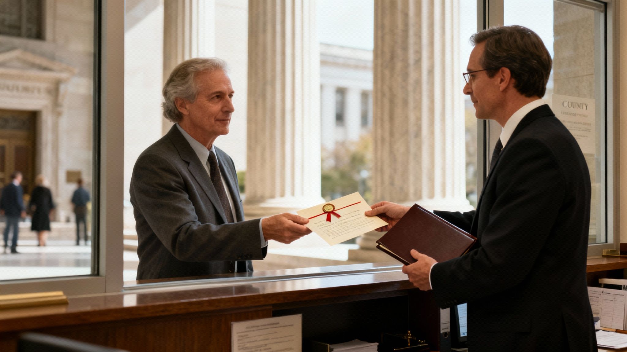 Dos hombres de negocios intercambian un documento oficial con un sello rojo en un mostrador de oficina.