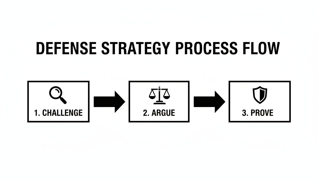Flowchart illustrating a three-step defense strategy process: Challenge, Argue, and Prove, with icons.