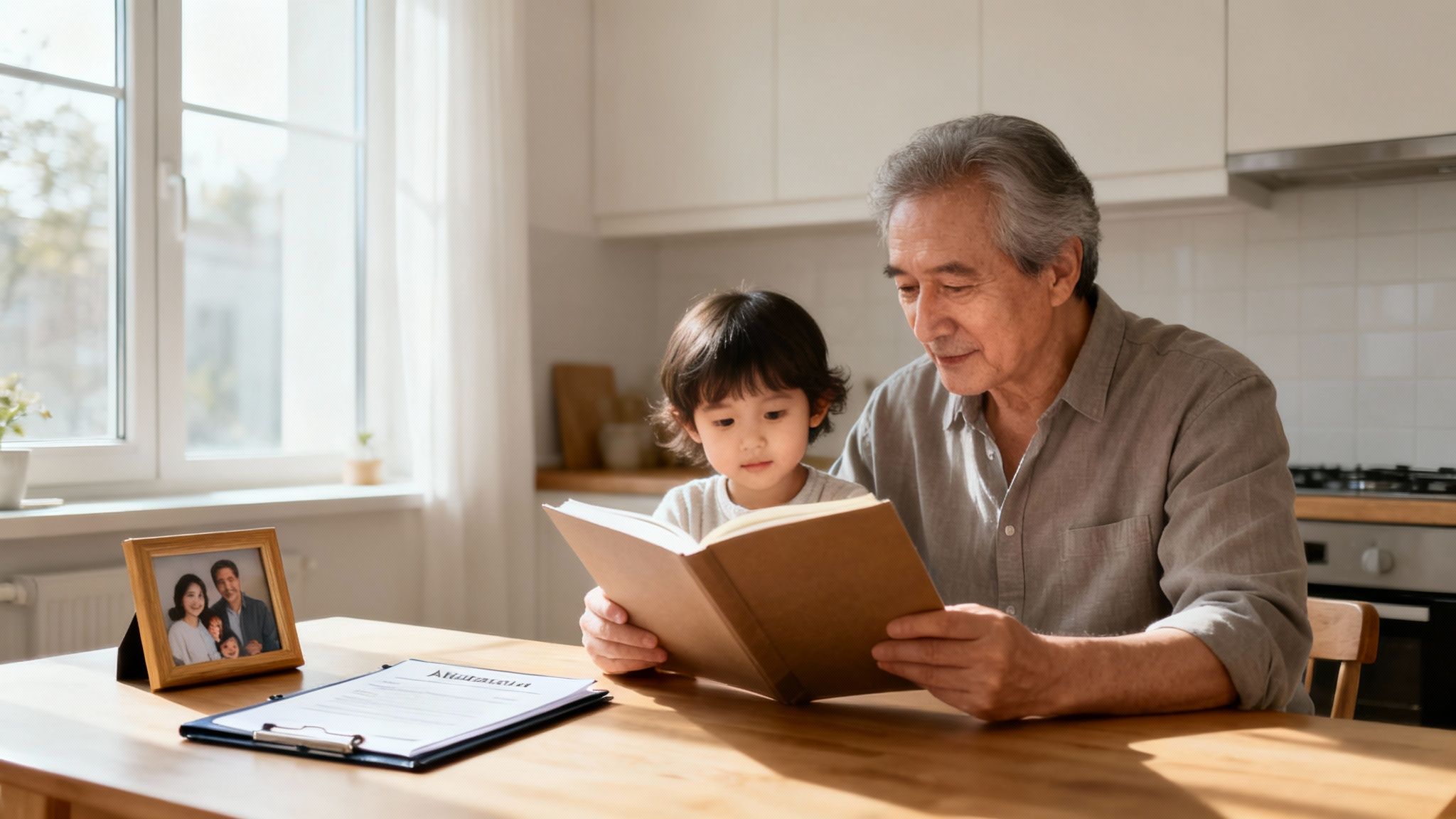 Grandfather and grandson bond over reading a storybook in a sunlit home kitchen.