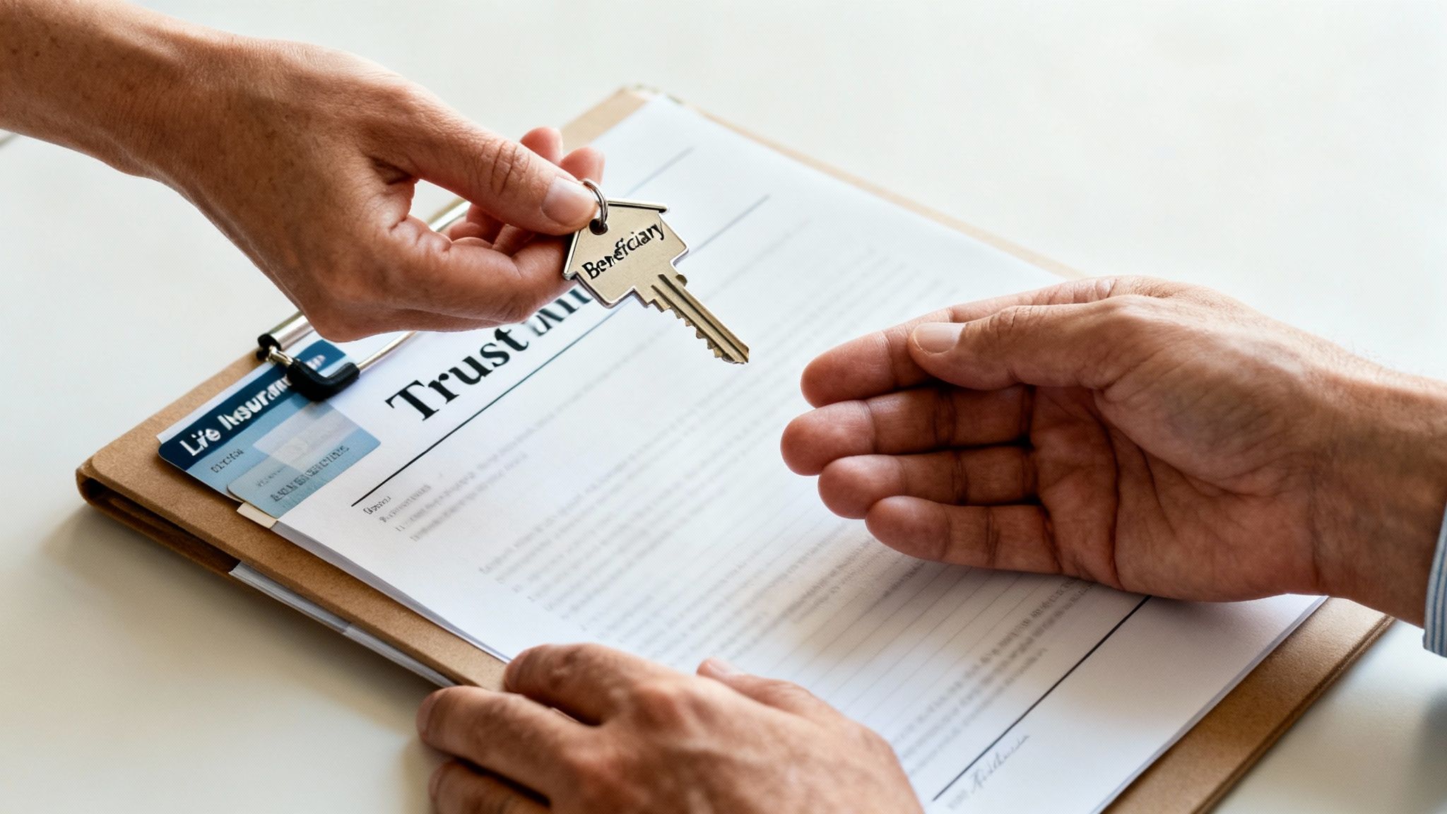 Hand transferring key labeled beneficiary over trust document representing estate planning transfer