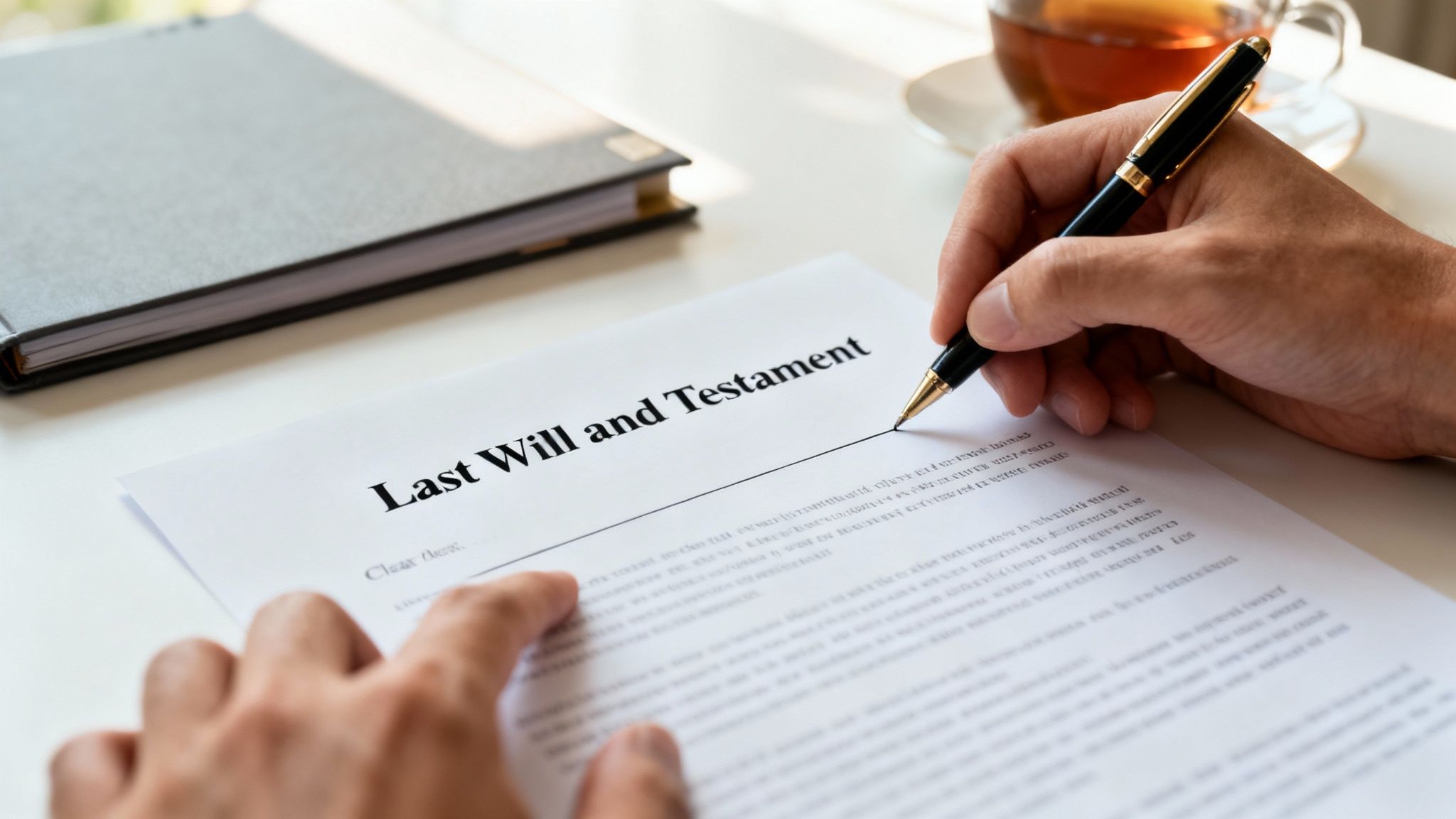 Close-up of hands signing a 'Last Will and Testament' document with a pen, book, and tea.