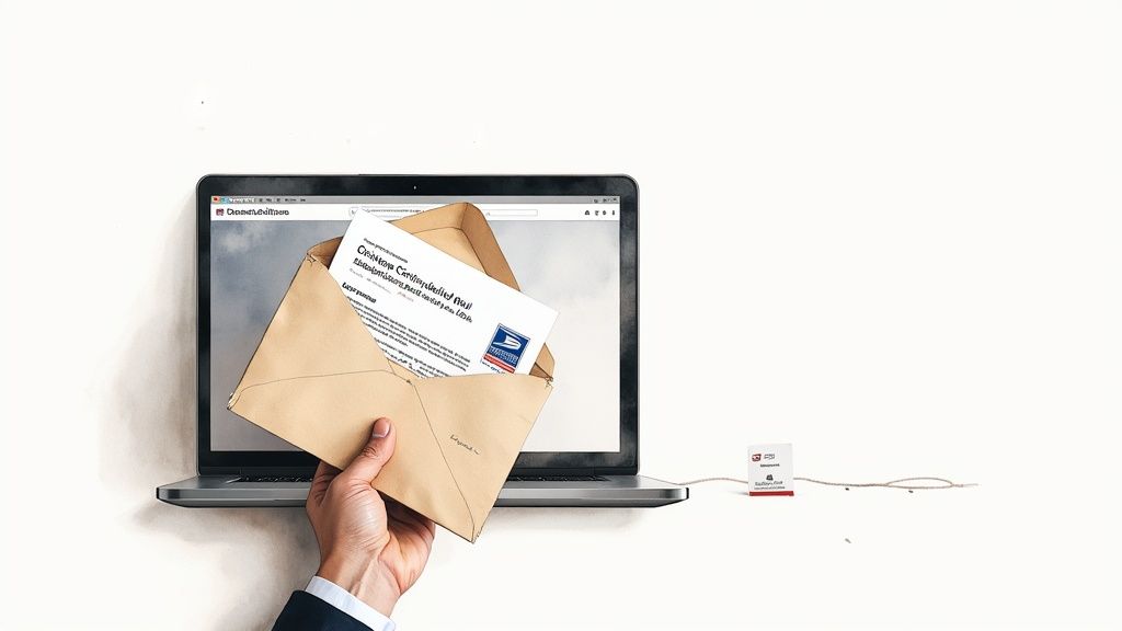 Hand holding an envelope with divorce petition documents in front of a laptop displaying a digital mail interface, symbolizing the process of responding to divorce papers.