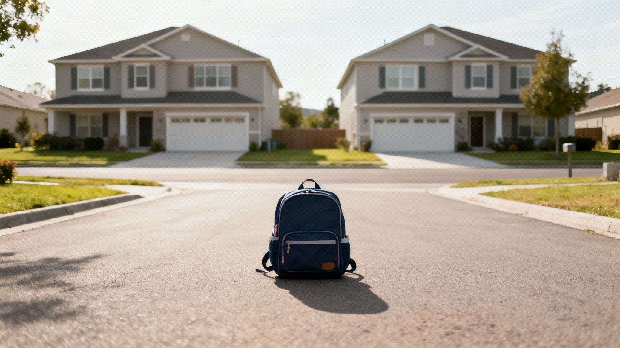 A blue backpack with orange accents sits in the middle of a quiet suburban street, with two houses in the background.