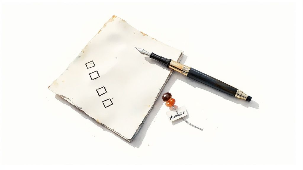 Checklist with empty boxes and a fountain pen on a notepad, labeled "Humble," symbolizing the process of creating a will and estate planning for families in Humble, Texas.