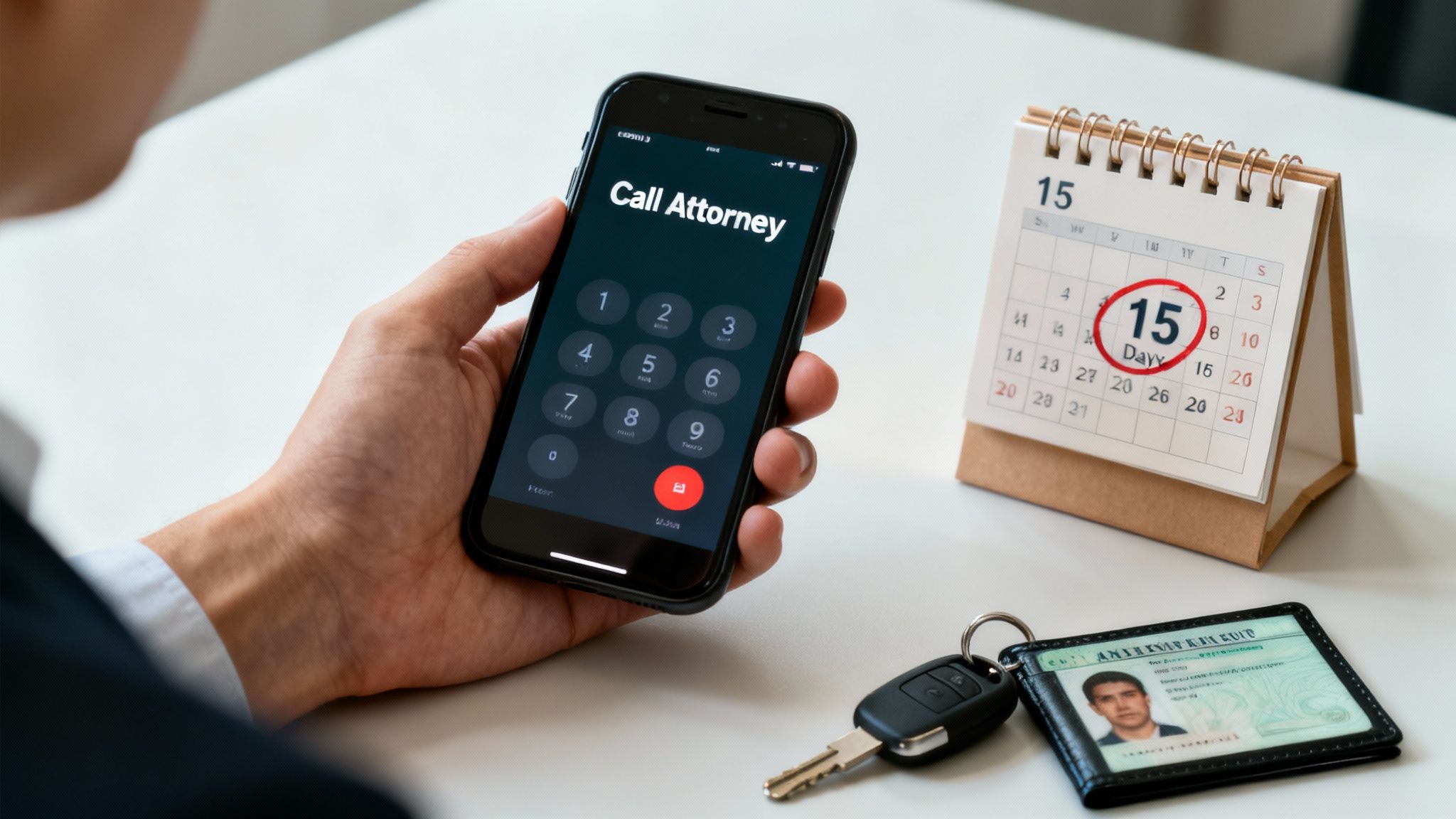 Person holding phone displaying call attorney screen with calendar showing marked date and driver's license