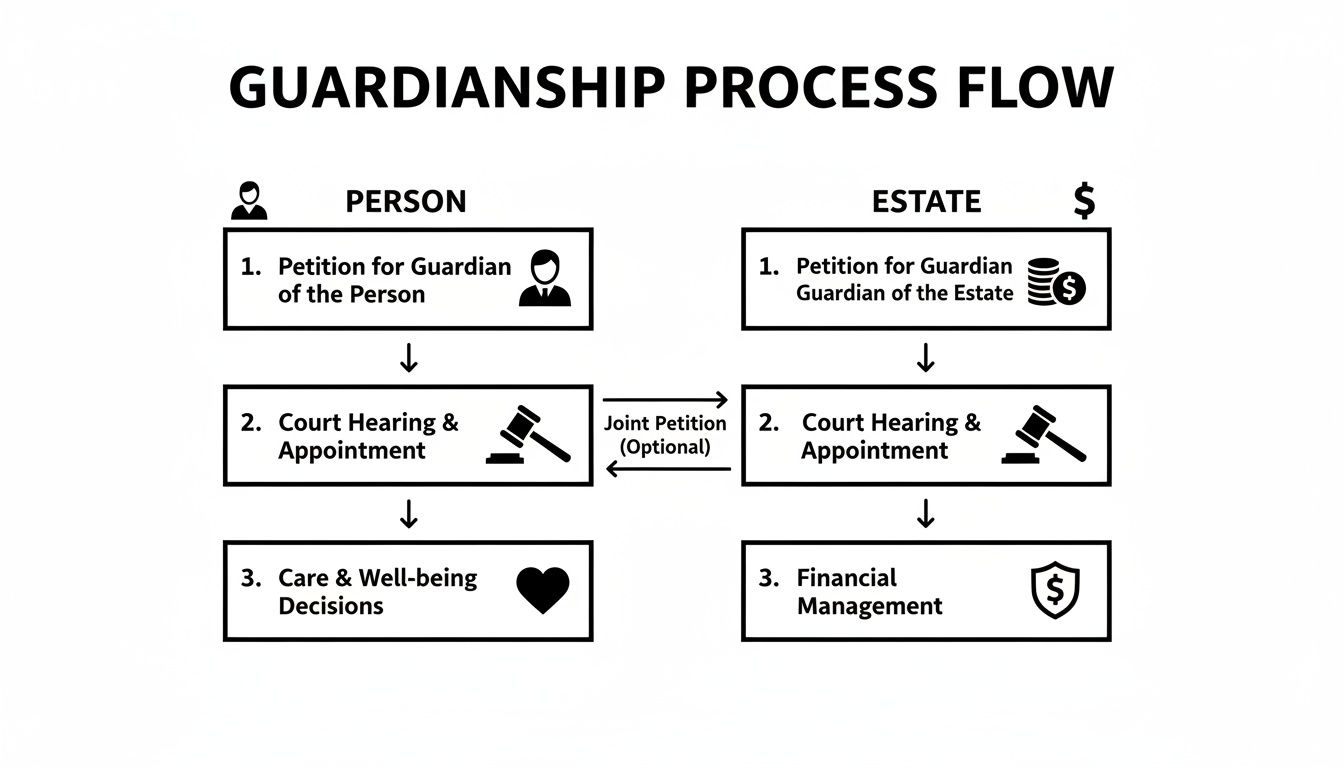 Flowchart illustrating the guardianship process, detailing steps for both person and estate.