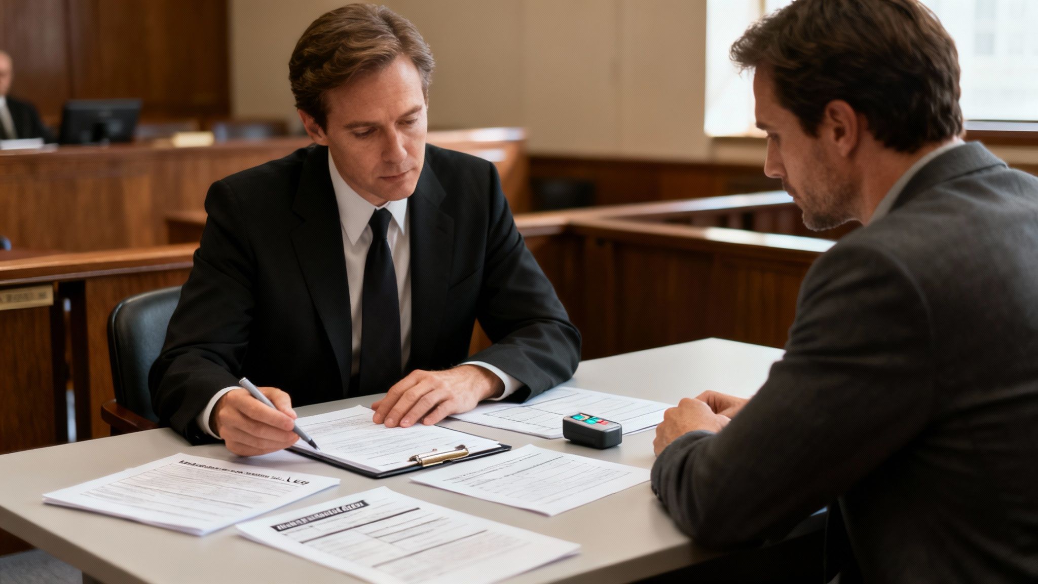 Attorney consulting with client in courtroom, reviewing legal documents related to DWI charges, emphasizing the importance of challenging evidence.
