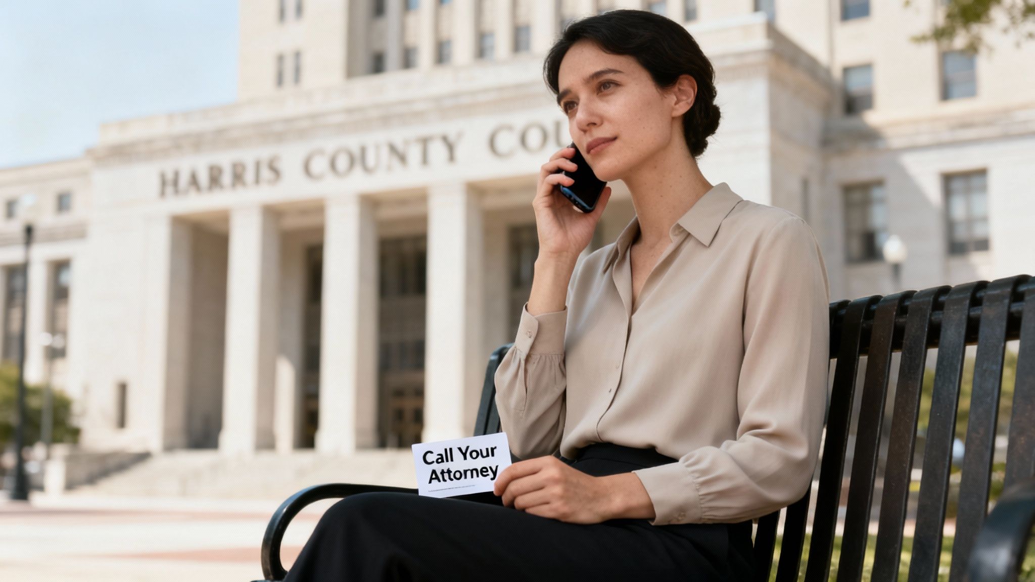 A woman on a bench outside Harris County Courthouse holds "Call Your Attorney" card while on phone.