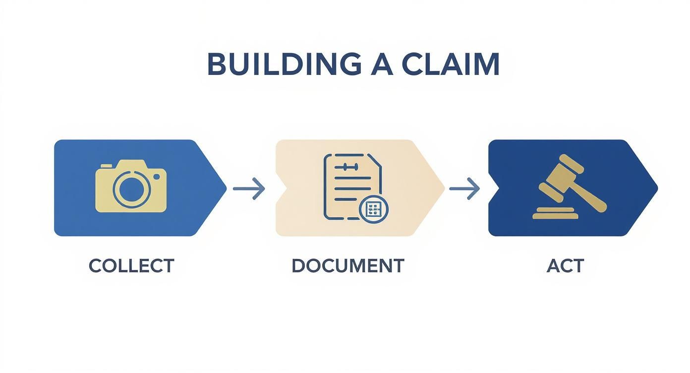 An infographic showing the process of building a strong claim: Collect, Document, and Act.