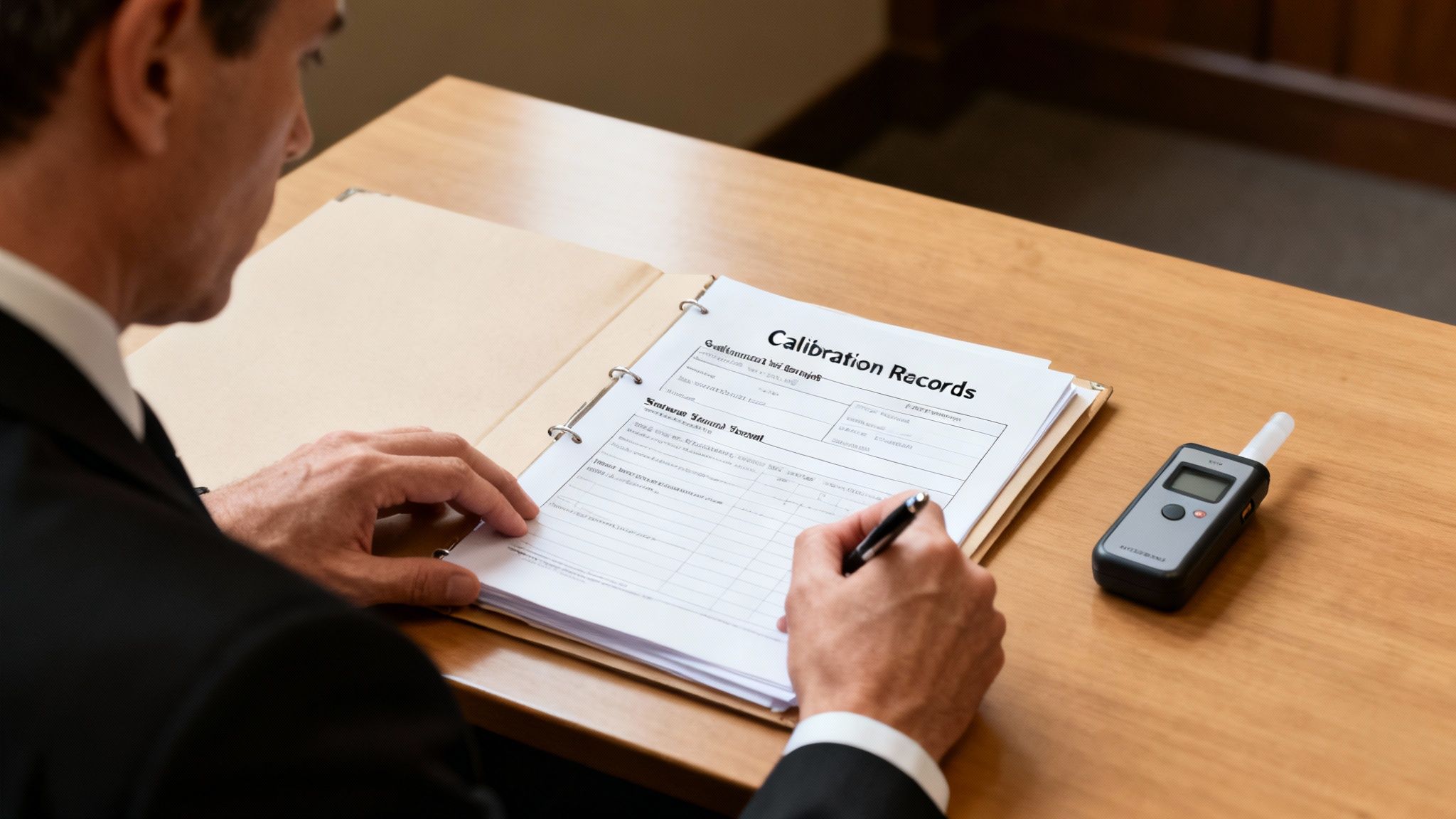 Man in suit reviewing breathalyzer calibration records, with a breathalyzer device on the table, related to DWI defense strategies in Texas.