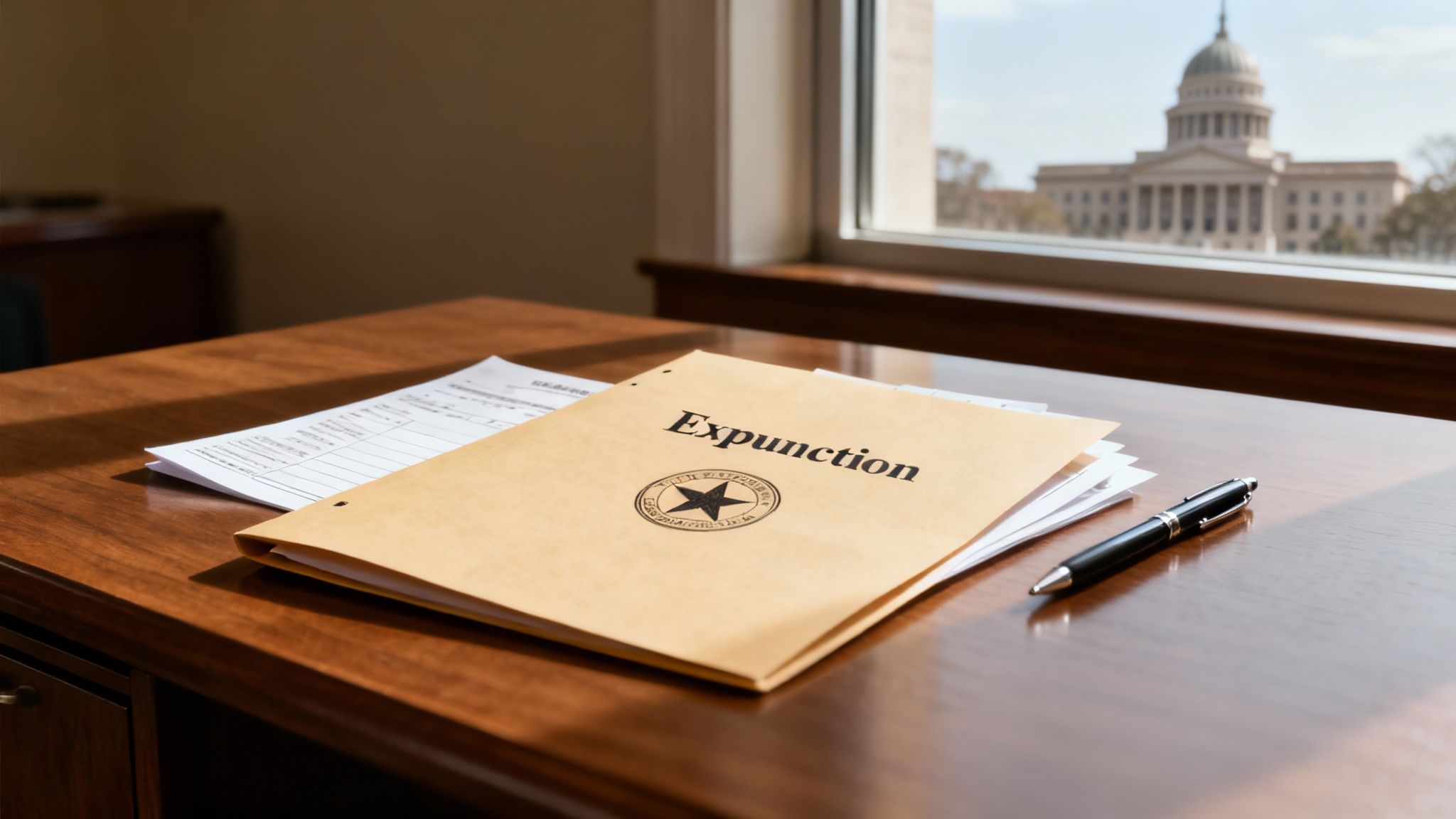 Expunction document folder on a wooden desk, legal papers and pen nearby, Texas Capitol building visible through window, symbolizing the process of clearing criminal records in Texas.