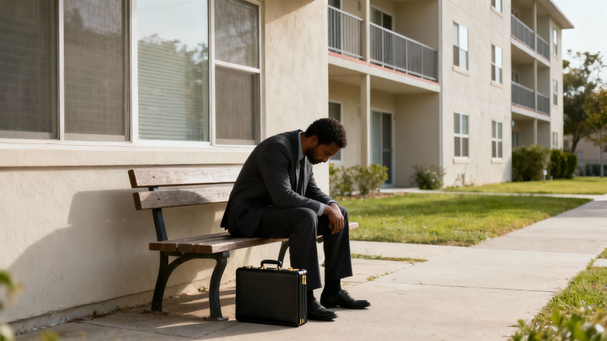Dejected man in business attire sitting on a bench outside an apartment complex, reflecting on the consequences of a burglary of habitation charge.