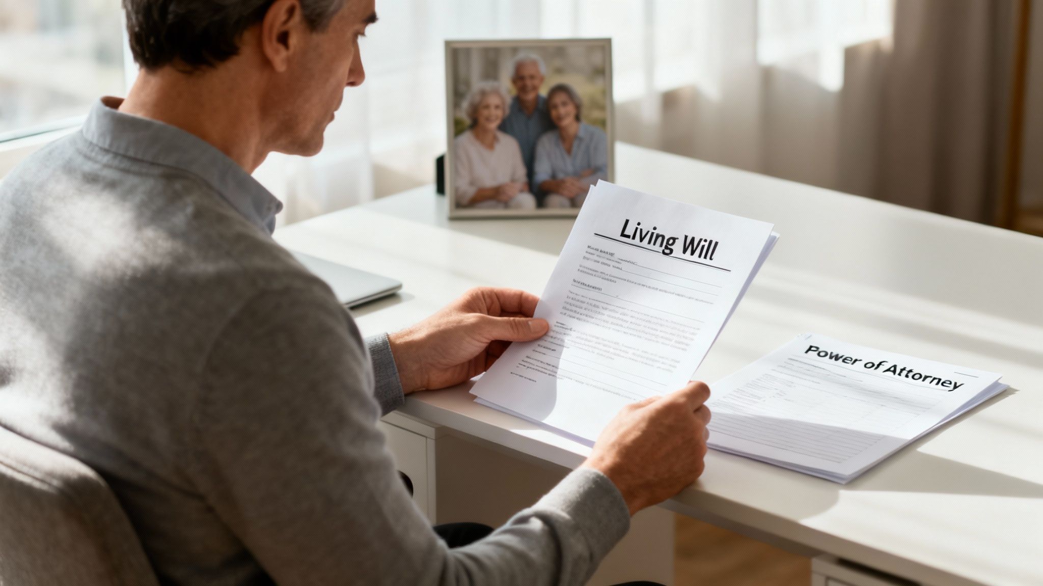 Man reviewing documents labeled "Living Will" and "Power of Attorney" on a desk, symbolizing advance planning for medical and financial decisions in Texas.