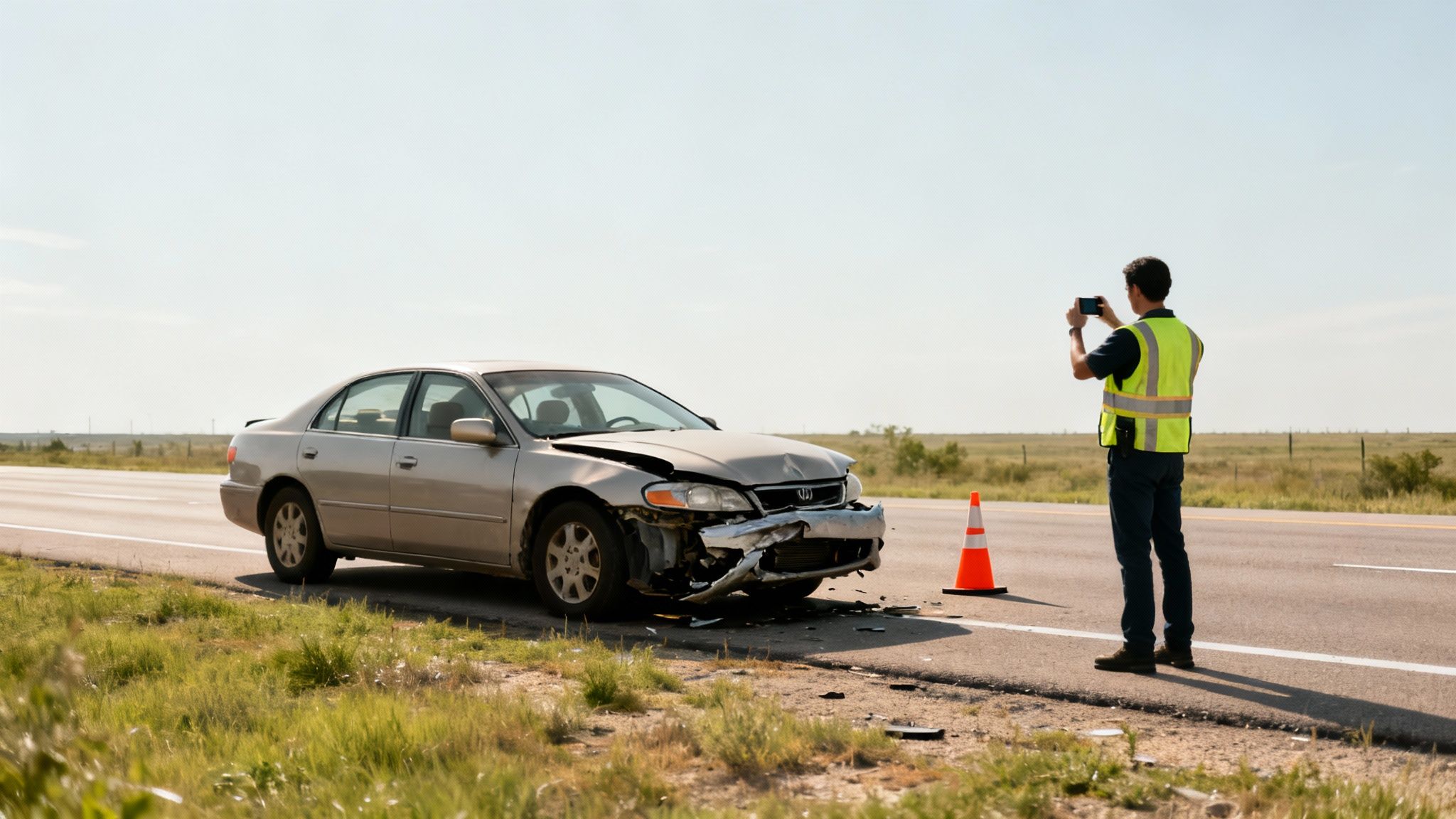 A man in a high-visibility vest photographs a damaged car on the roadside, with an orange traffic cone.