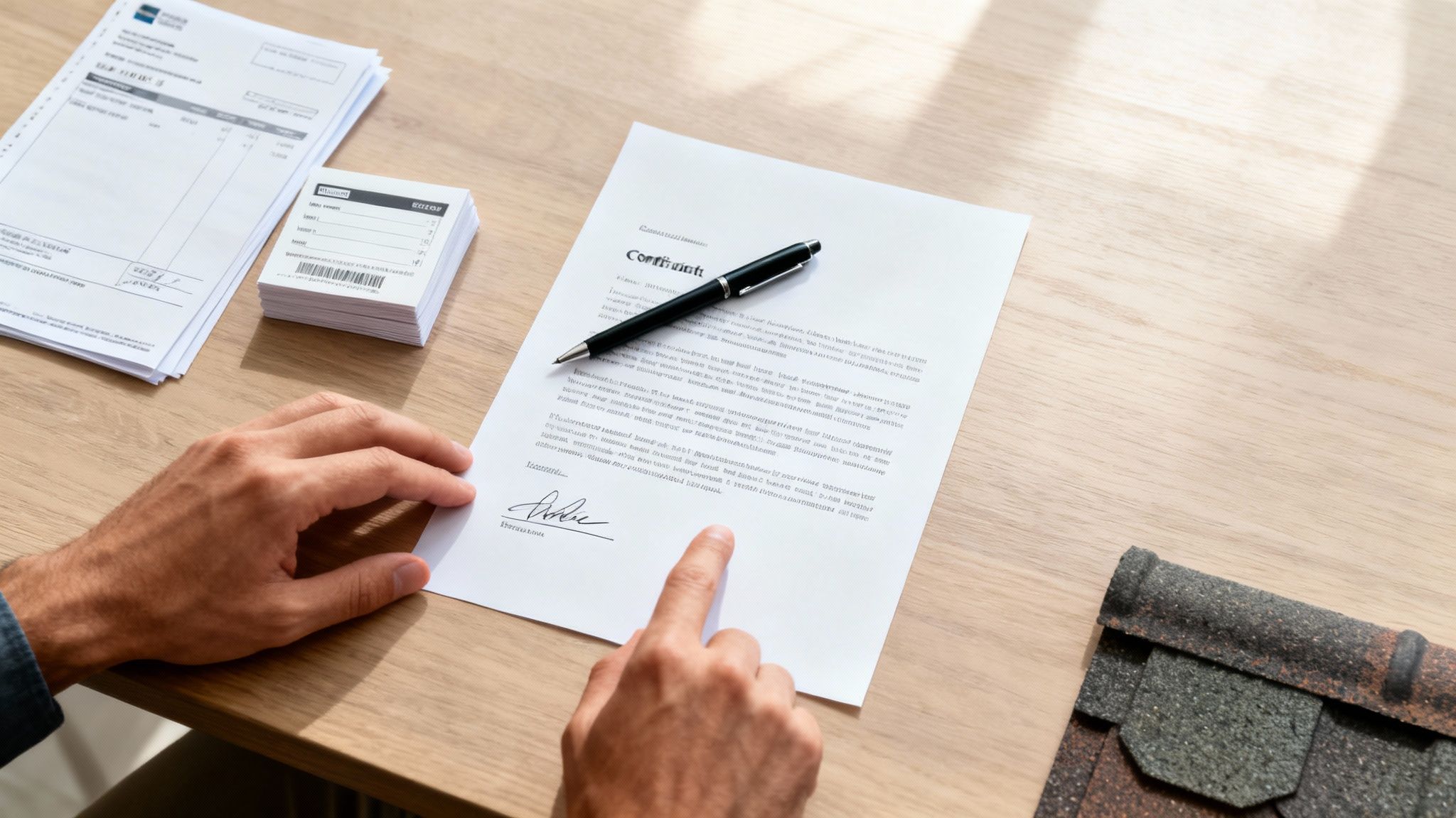 Hand pointing at a contract document with a pen on a wooden table, surrounded by paperwork, illustrating the process of understanding and navigating breach of contract agreements in Texas.
