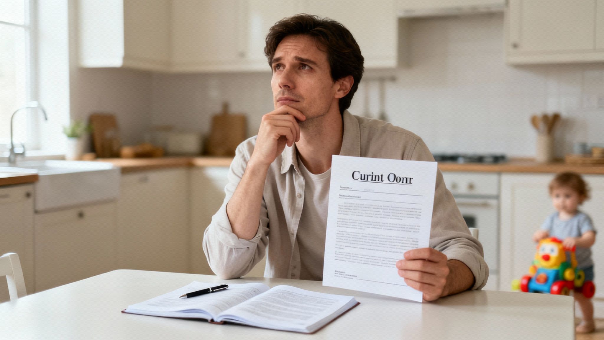 Thoughtful man holding a document at a kitchen table, with a child playing in the background.