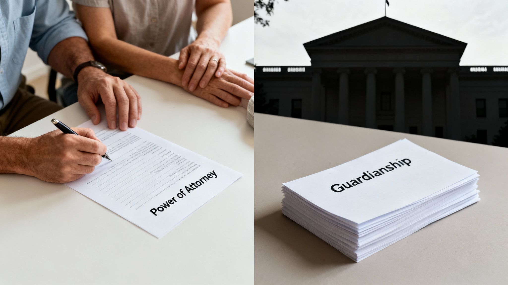 A man signs a Power of Attorney document, contrasting with a stack of Guardianship papers and a courthouse.