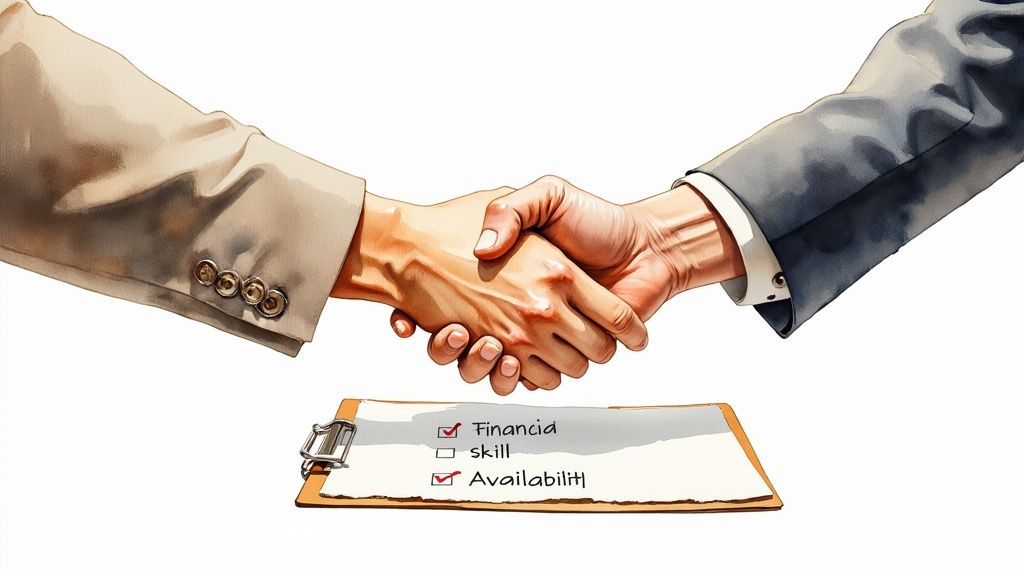 Handshake between two individuals with a checklist emphasizing financial, skill, and availability attributes, symbolizing the importance of choosing the right agent for a Power of Attorney.