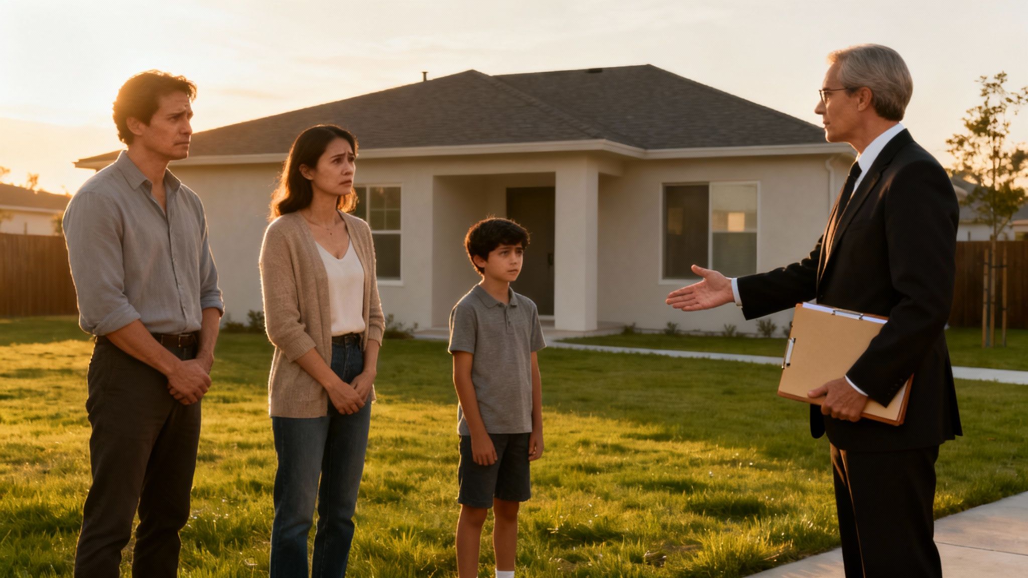 A concerned family and a lawyer stand outside a house at sunset discussing a legal matter.