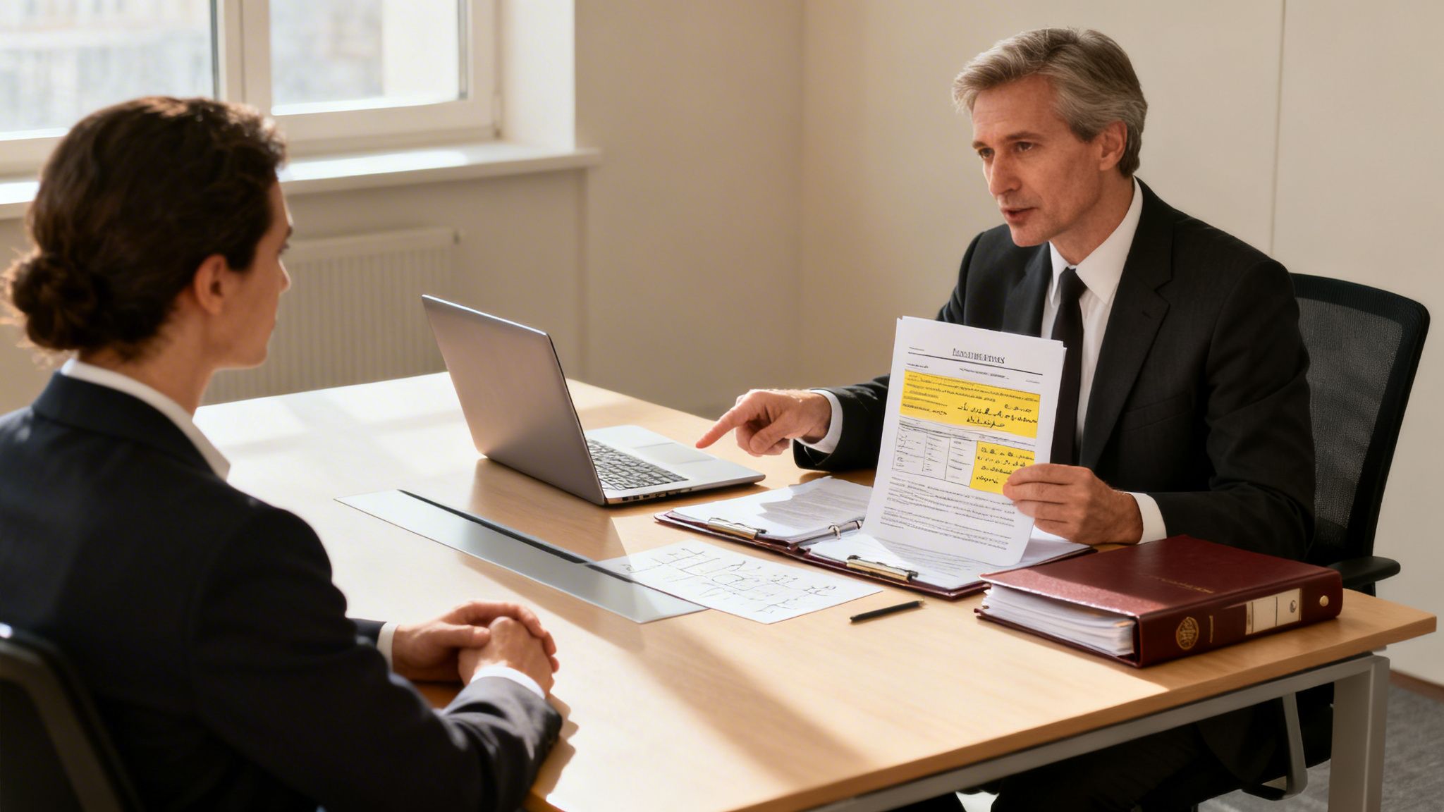 Businessman shows highlighted legal documents to a client in a serious consultation.