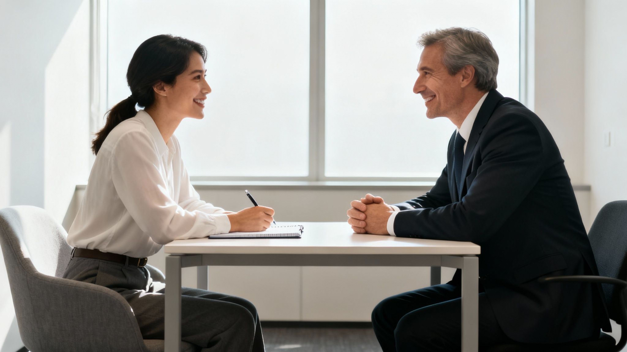 Two smiling professionals, a woman and a man, engaged in a discussion at an office table.