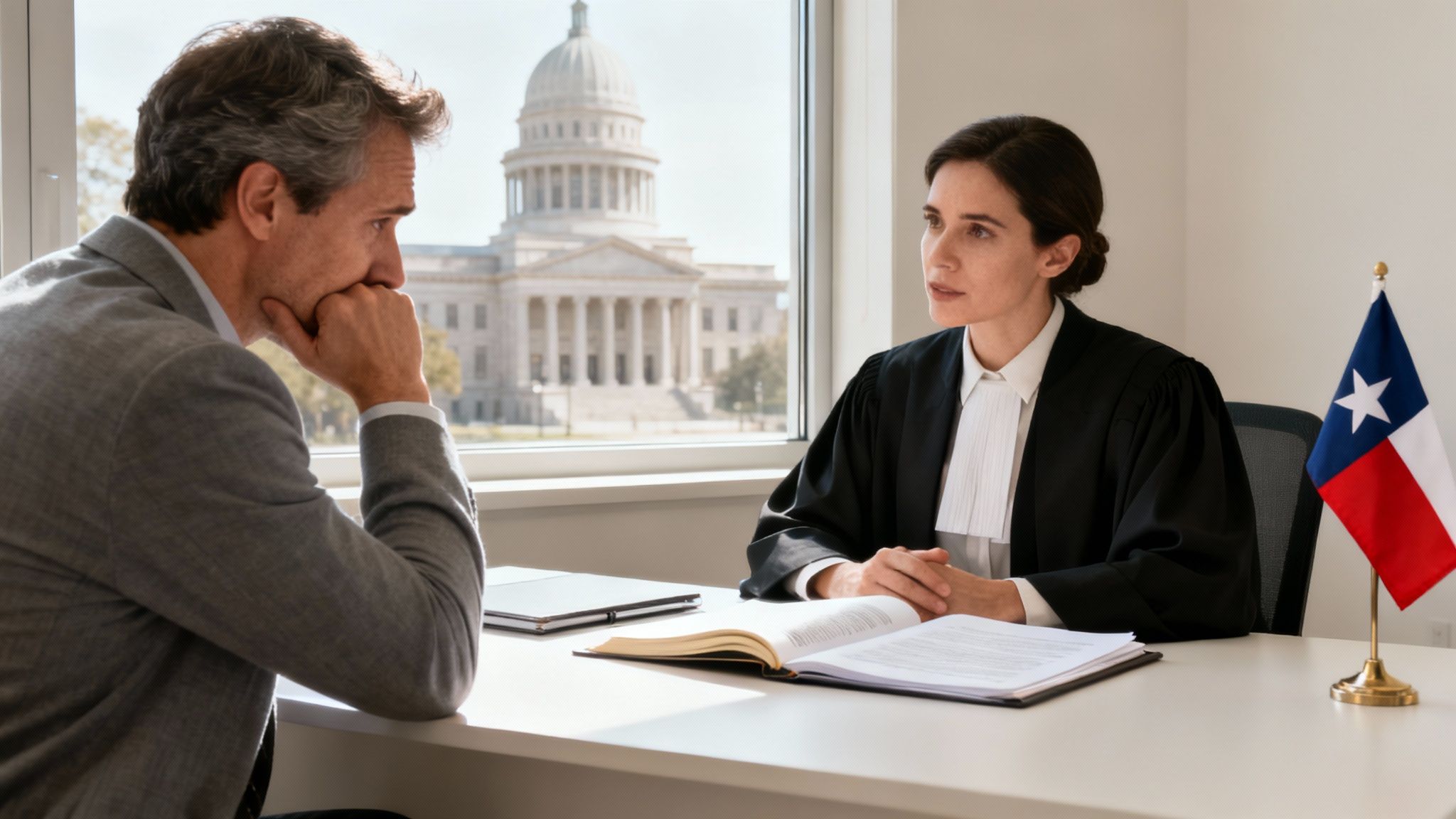 A pensive man consults with a female judge or attorney in an office, a Texas flag on desk.