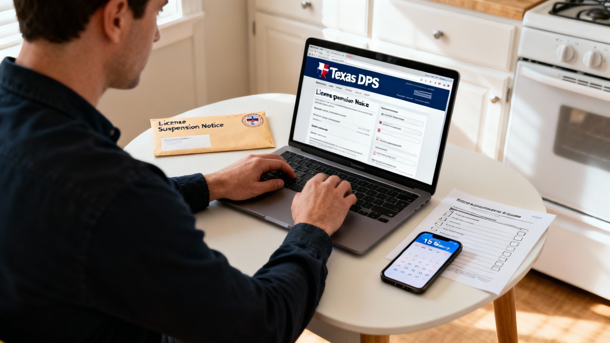 Person using a laptop to access the Texas Department of Public Safety website, with a visible license suspension notice envelope and a checklist on the table, illustrating steps to reinstate a suspended driver's license in Texas.