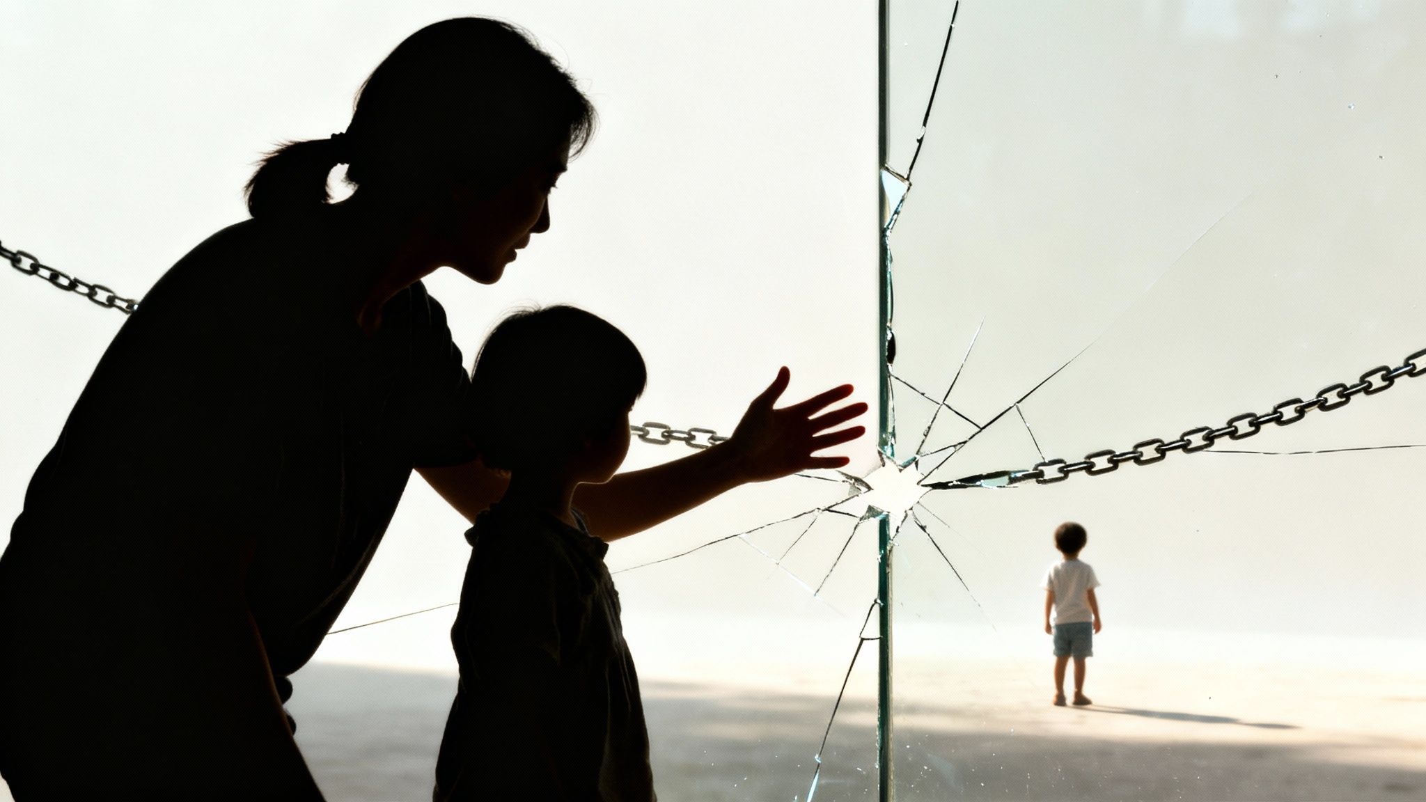 A concerned parent looking at their child, symbolizing the emotional distance caused by parental alienation.
