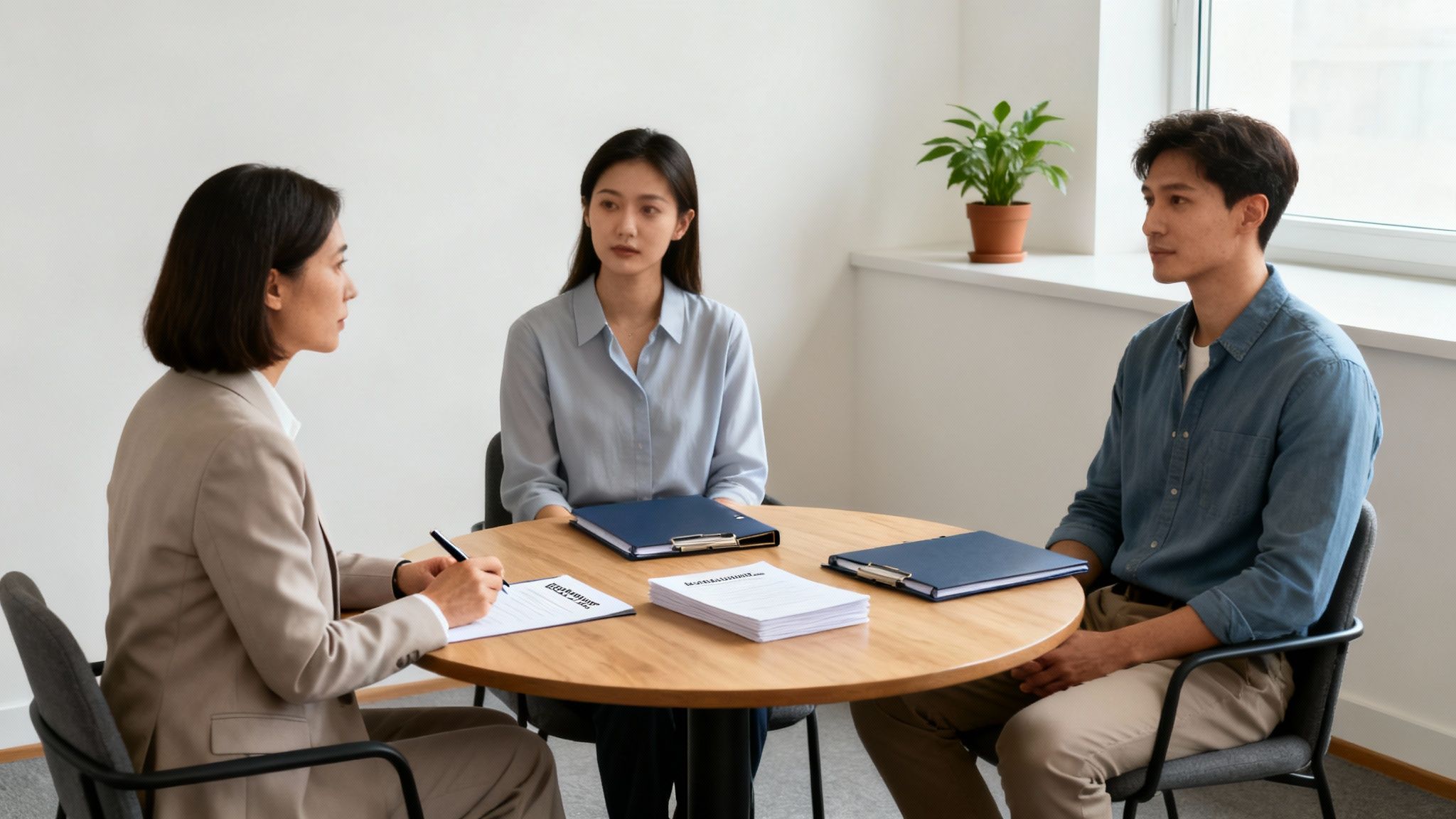 A female mediator explains documents to a couple at a table during a consultation.