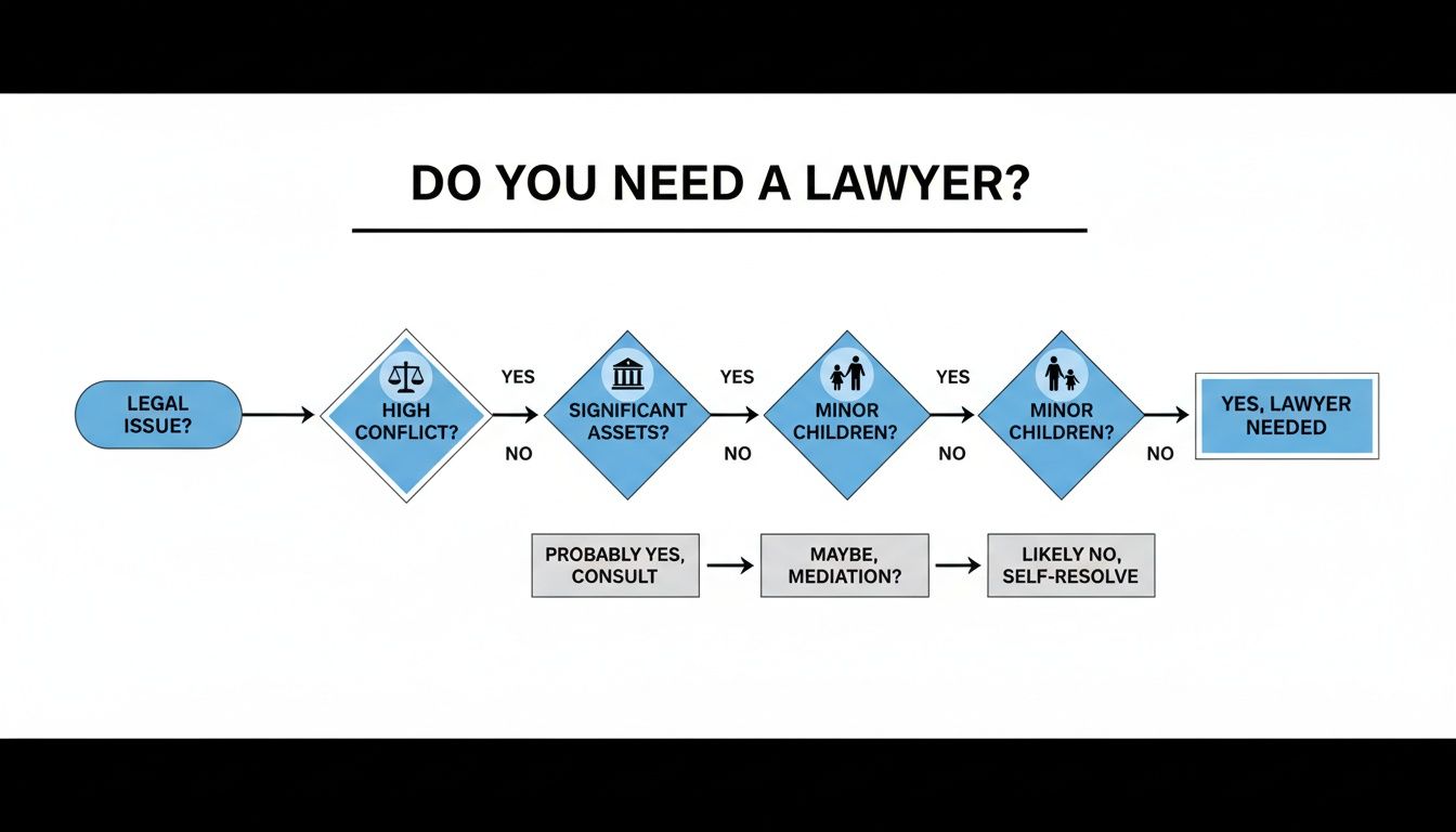 Flowchart guiding whether a lawyer is needed for a legal issue based on conflict, assets, and children.